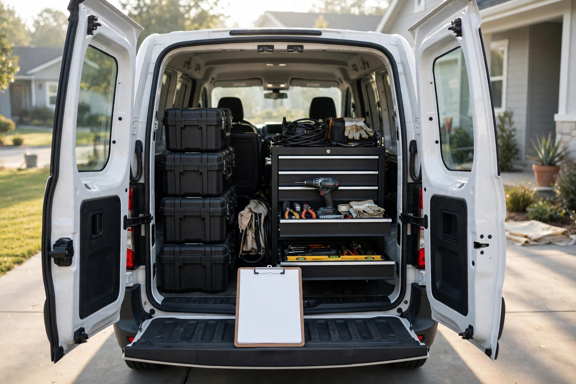 Contractor van with open rear doors and toolboxes at a residential job site