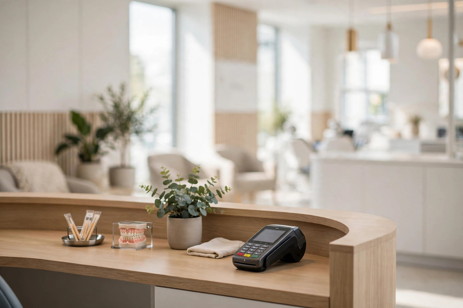 Payment terminal on the curved wooden reception desk of a bright modern dental clinic