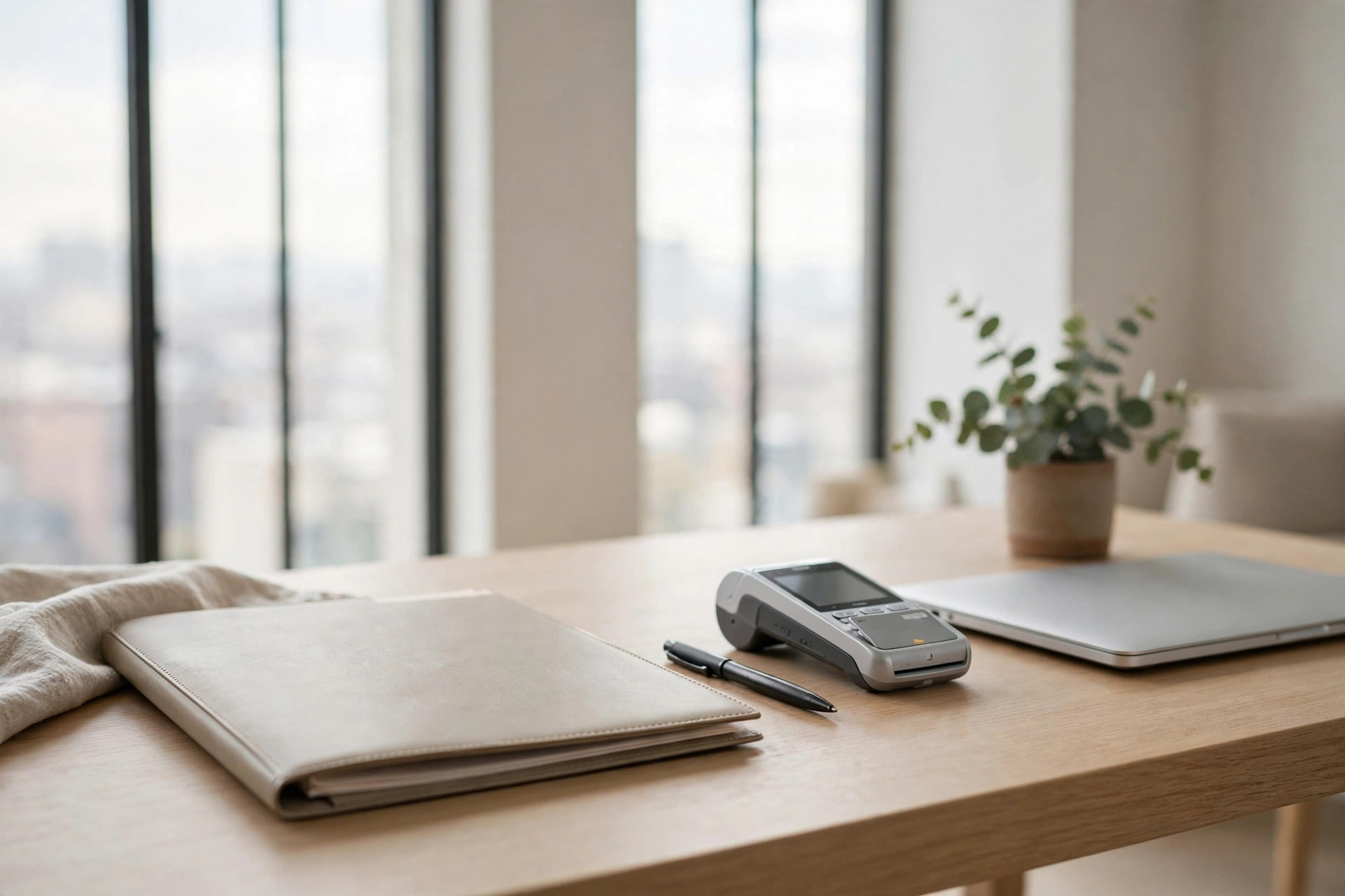 A payment terminal beside a closed folder, pen, and laptop on a wooden desk in a bright law office.