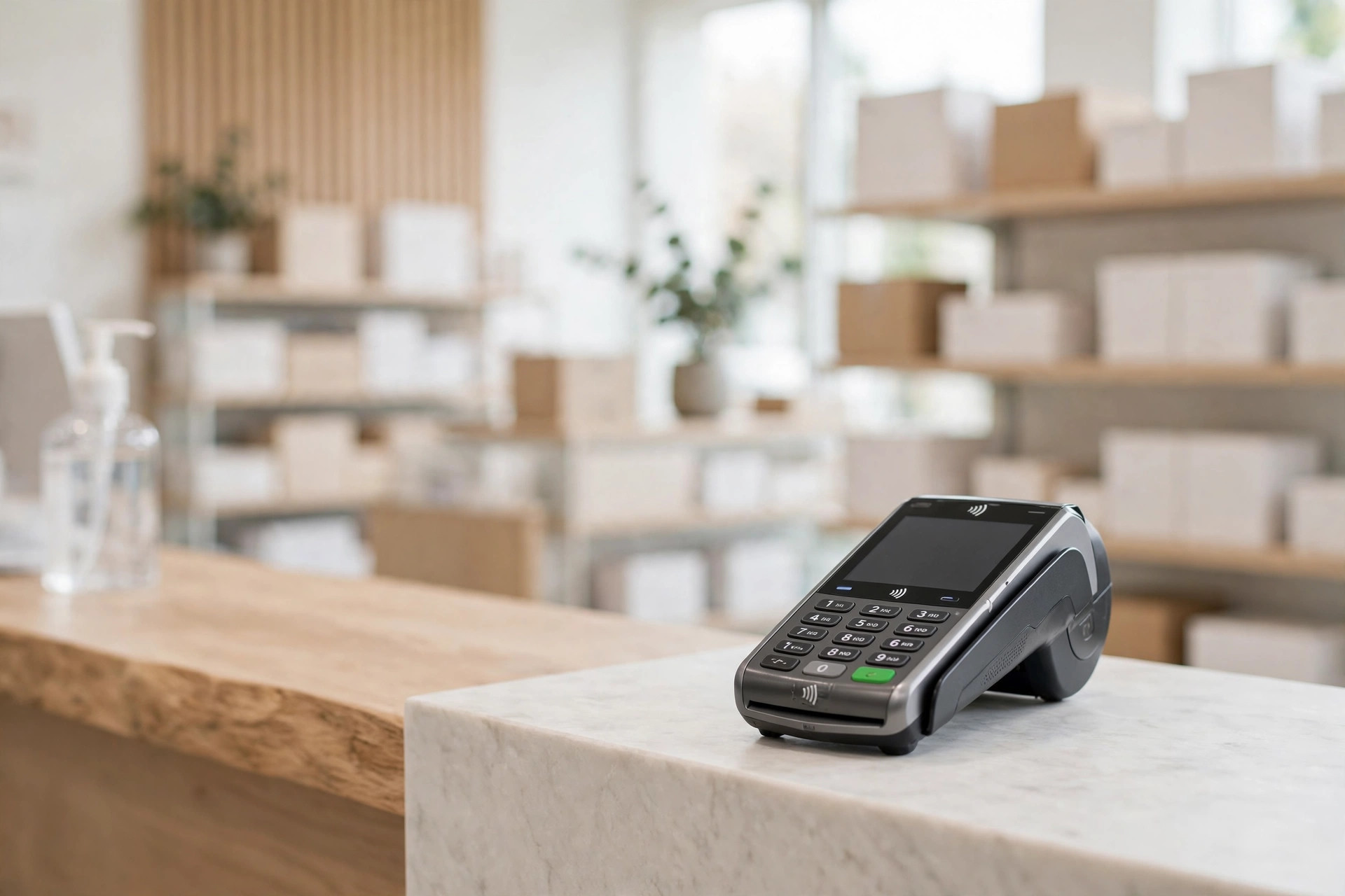 A payment terminal on a marble counter in a bright pharmacy, with plain unbranded boxes on shelves behind it.