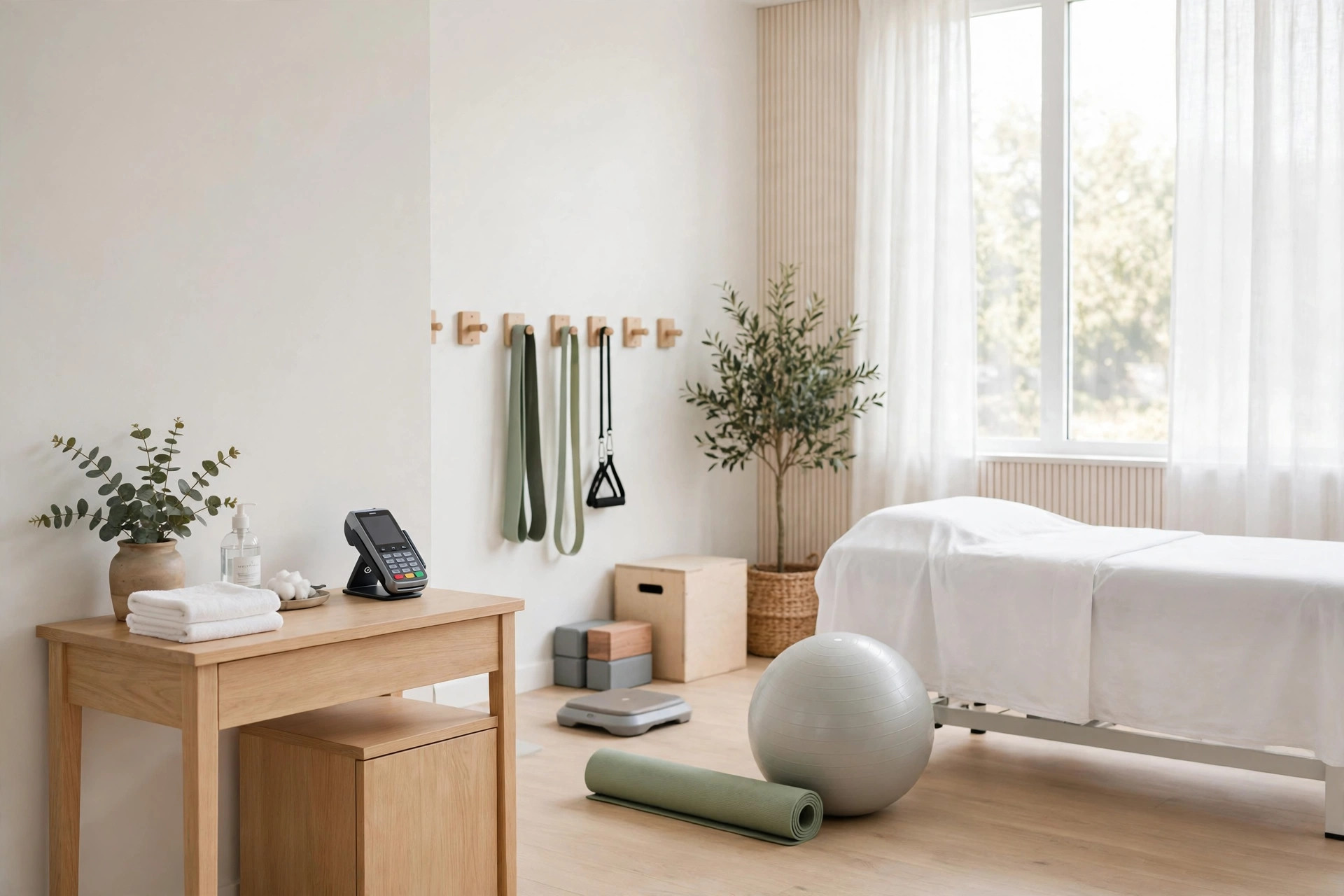 A payment terminal on a wooden desk in a bright physiotherapy room with a treatment bed and exercise equipment.