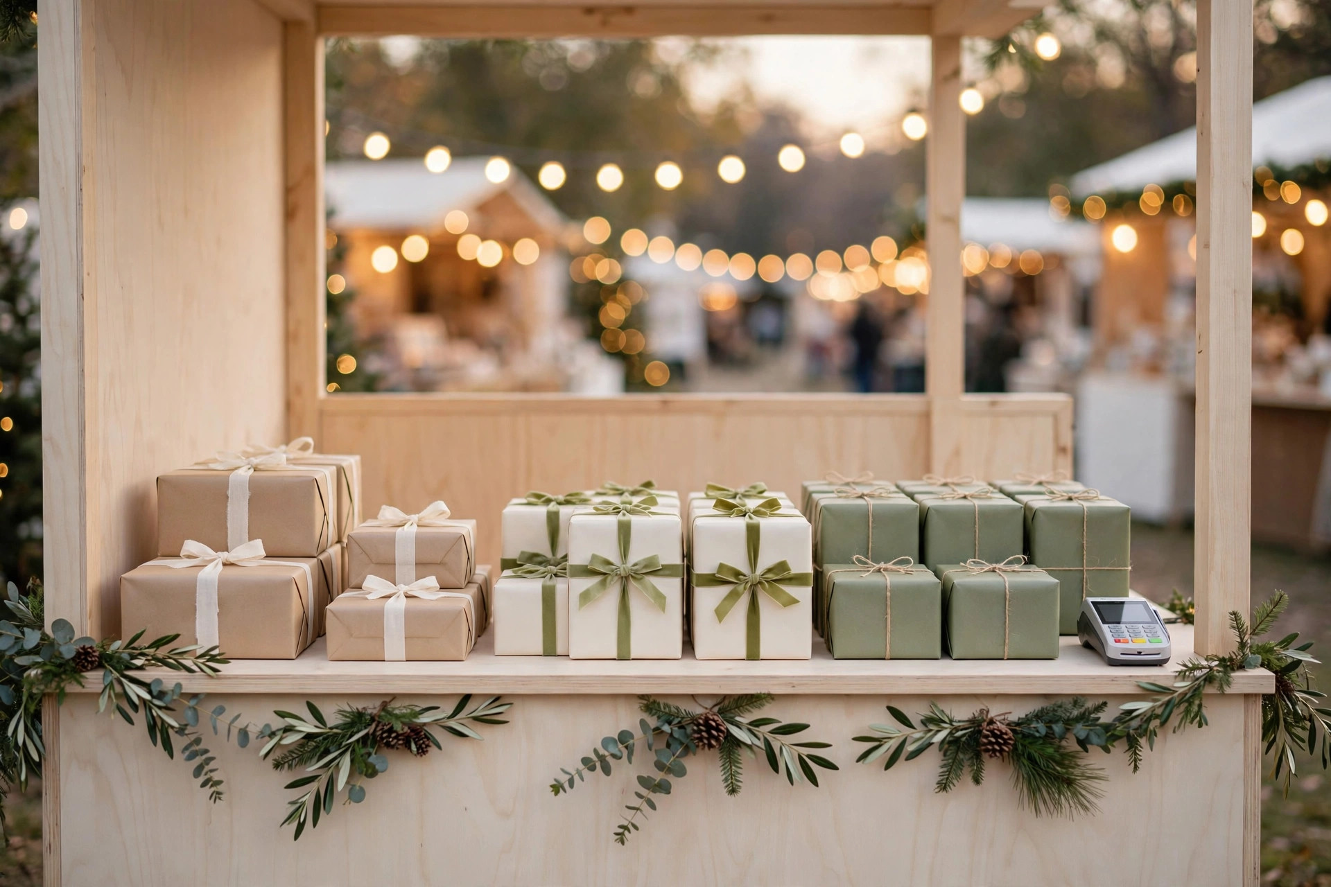 Wrapped gift boxes and a small card reader on the counter of a wooden holiday market stall.