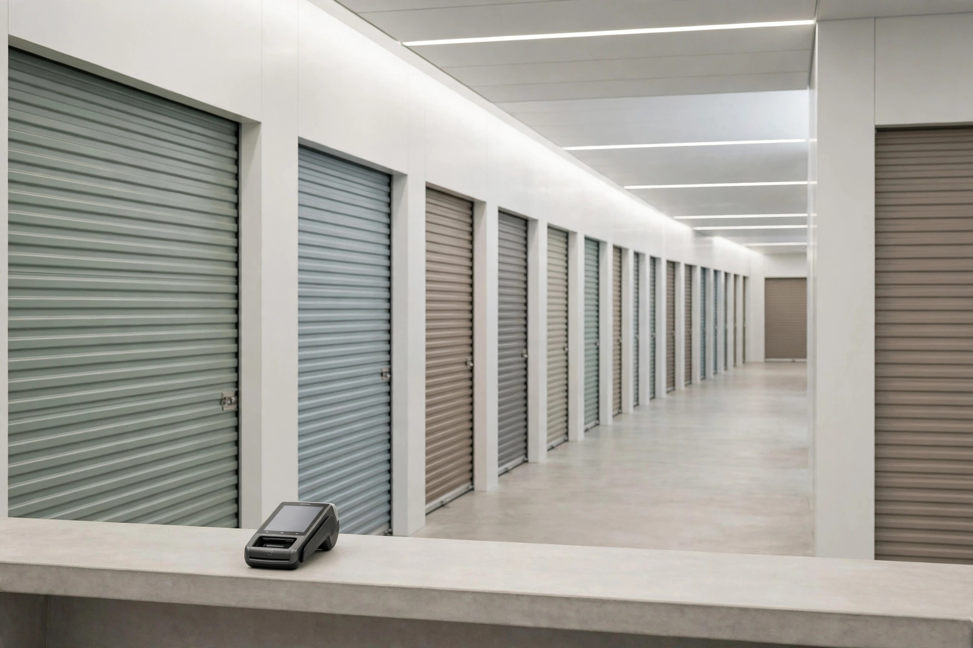 A payment terminal on a concrete counter in front of a corridor of closed storage unit roll-up doors.