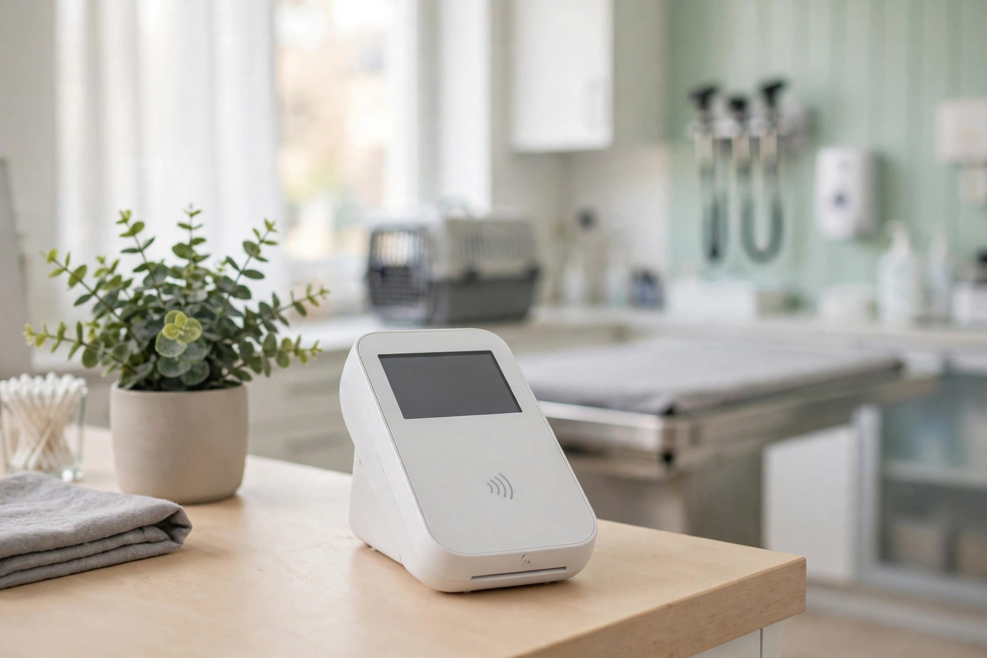 A white payment terminal on a wooden counter in a bright veterinary clinic exam room.