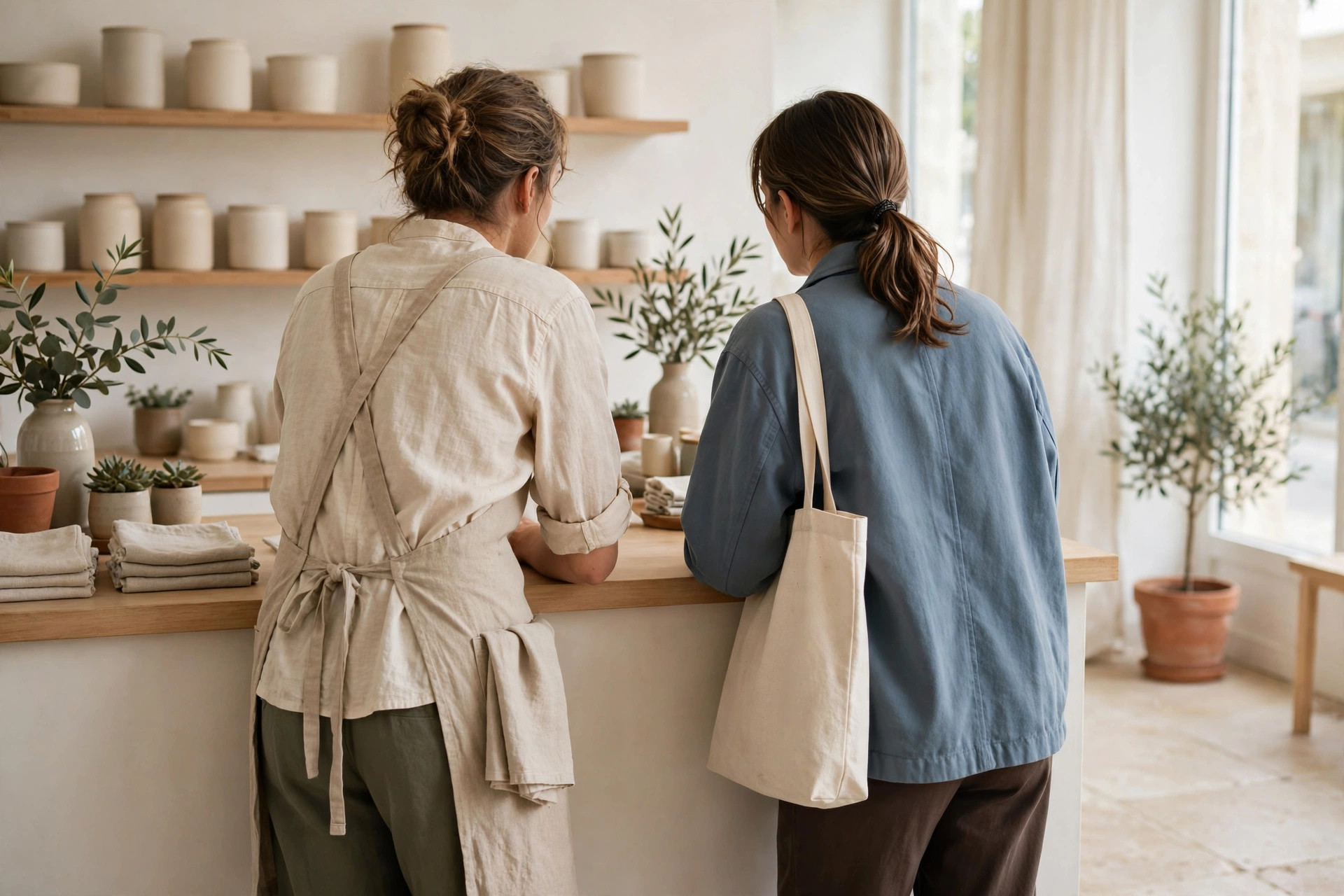 A shop owner in an apron speaking with a customer at a bright store counter.