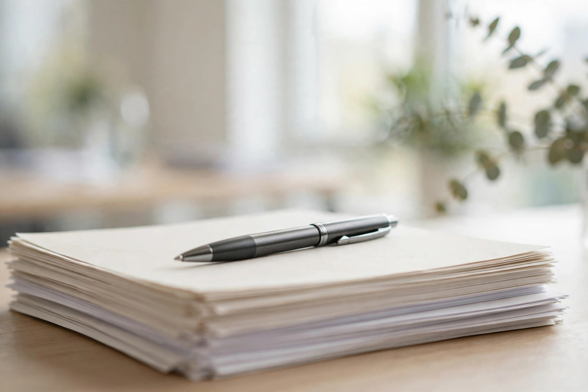 A pen resting on a thick stack of business paperwork in a bright office.