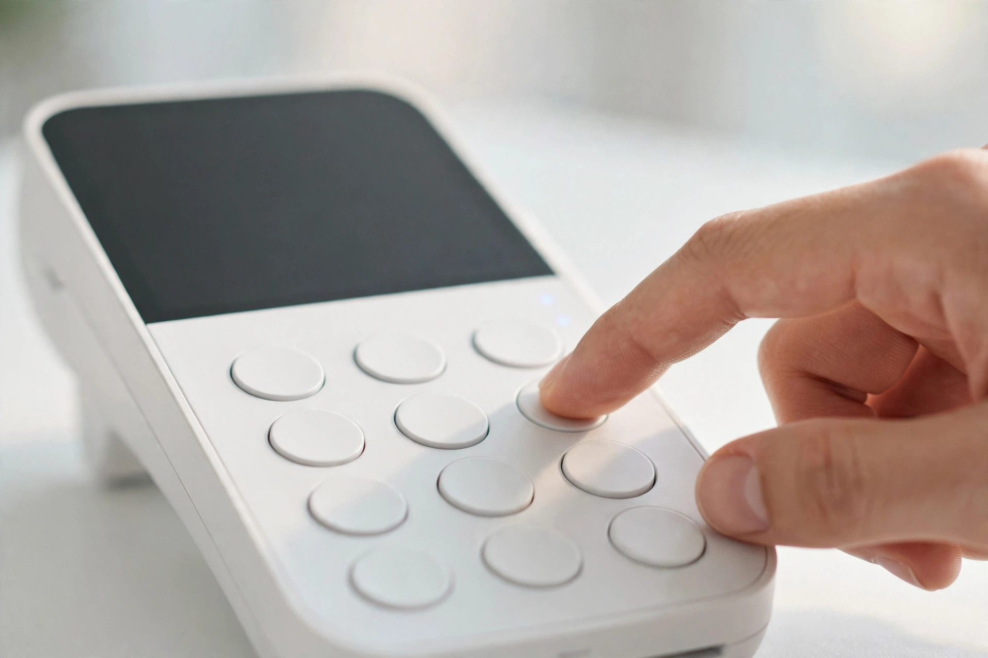 A hand entering a code on a payment terminal keypad
