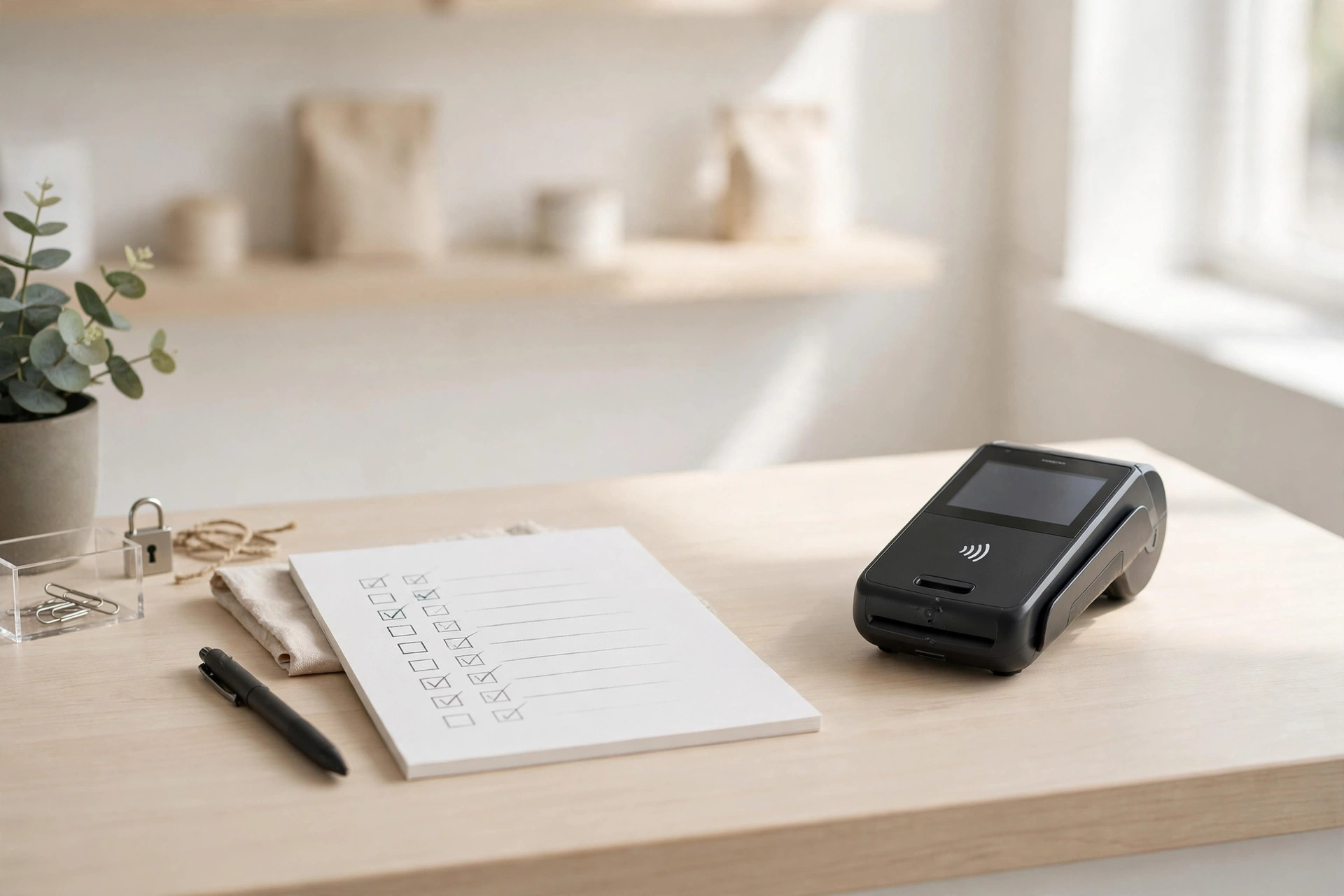 A payment terminal beside a security checklist notepad on a shop counter