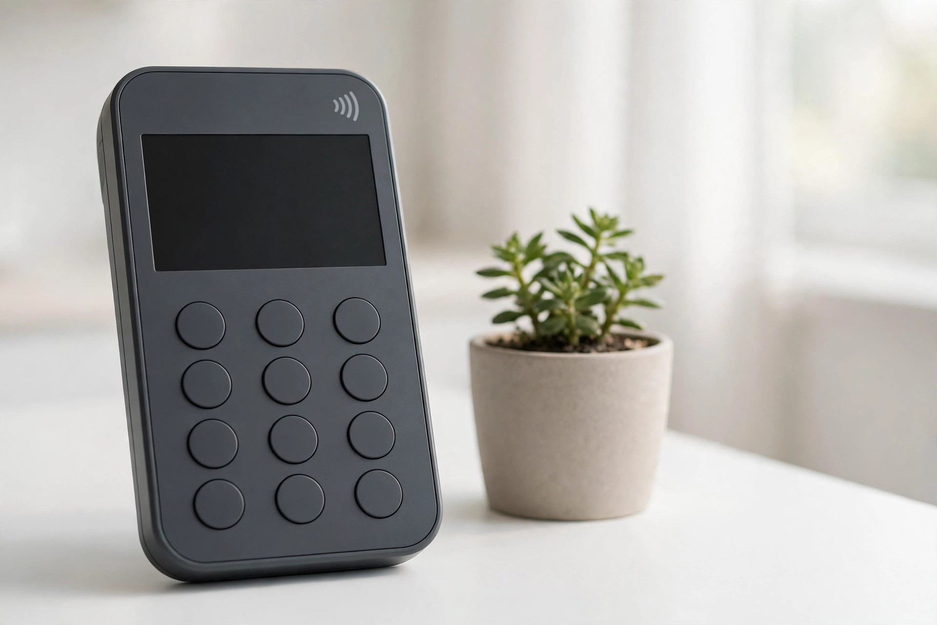 A dark card payment terminal beside a small potted plant on a white counter