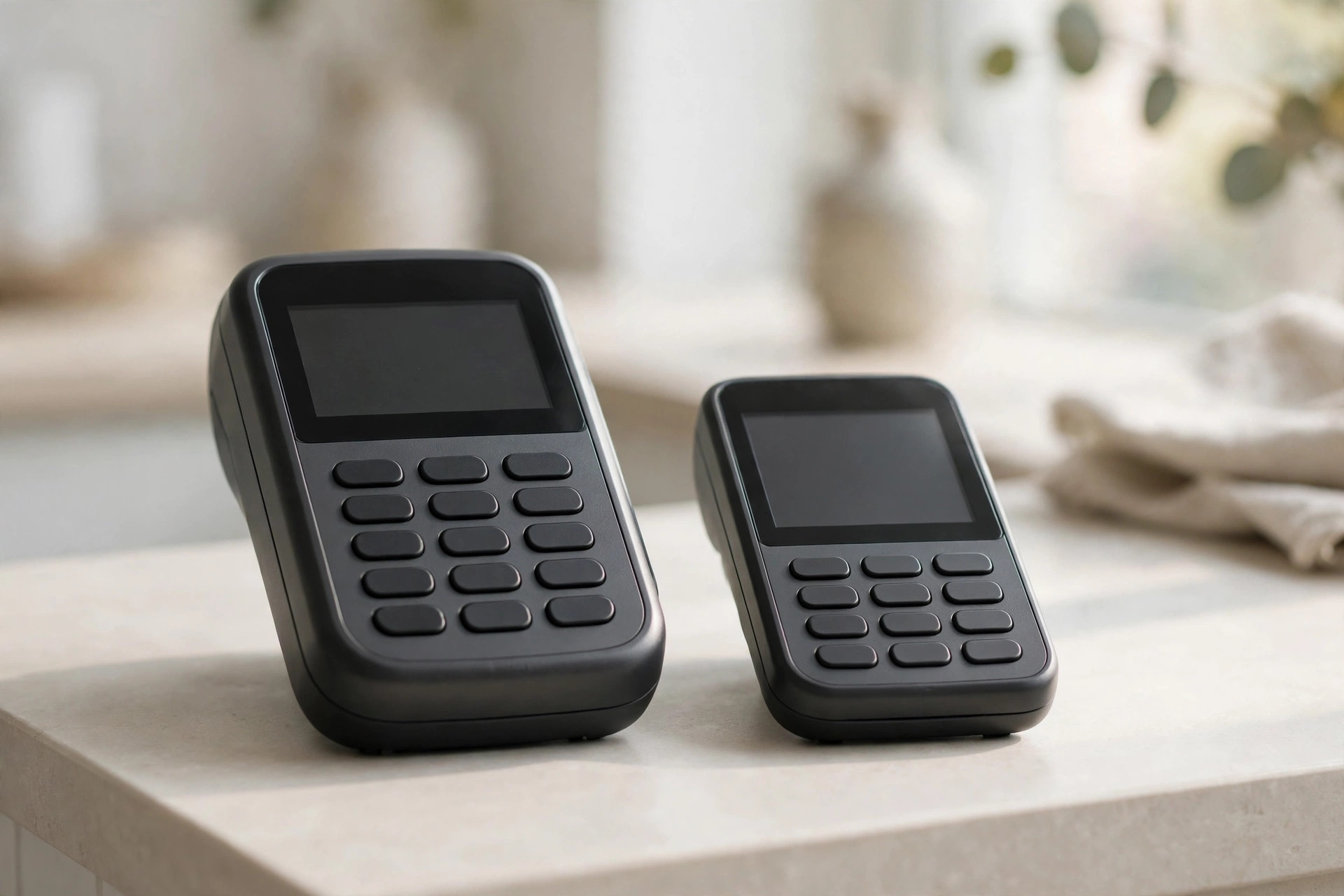 Two card payment terminals of different sizes side by side on a counter