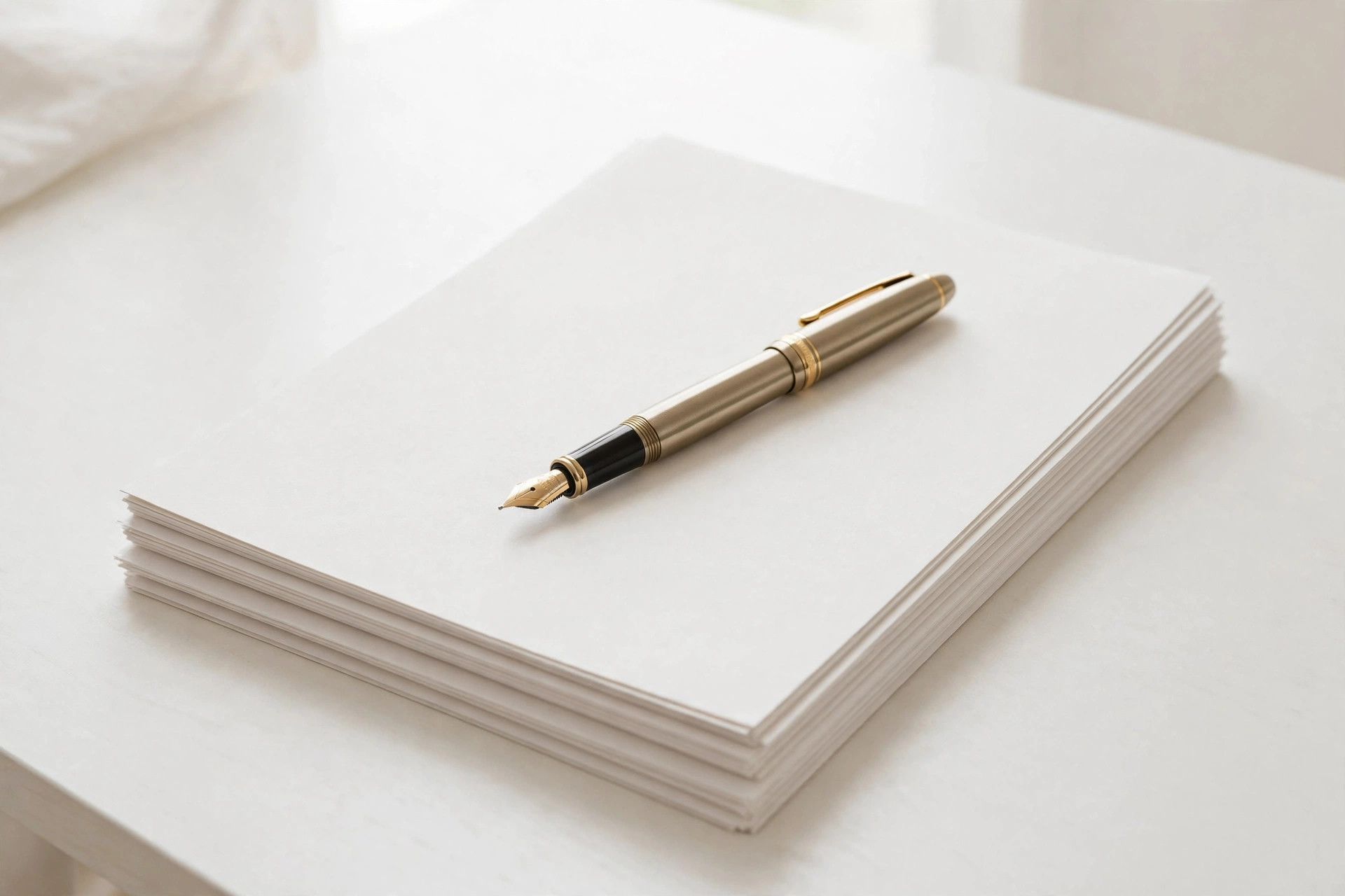 Fountain pen resting on a stack of blank contract pages
