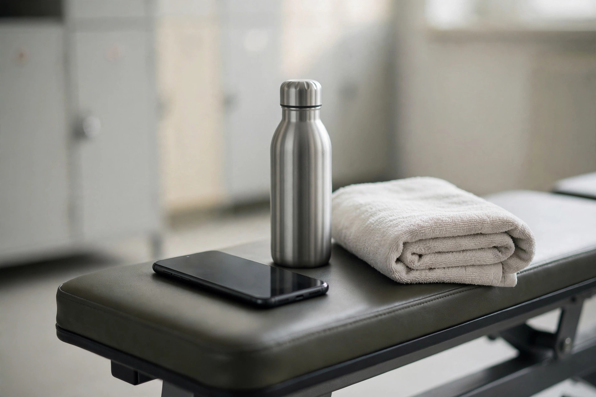 Smartphone, water bottle, and towel on a gym bench
