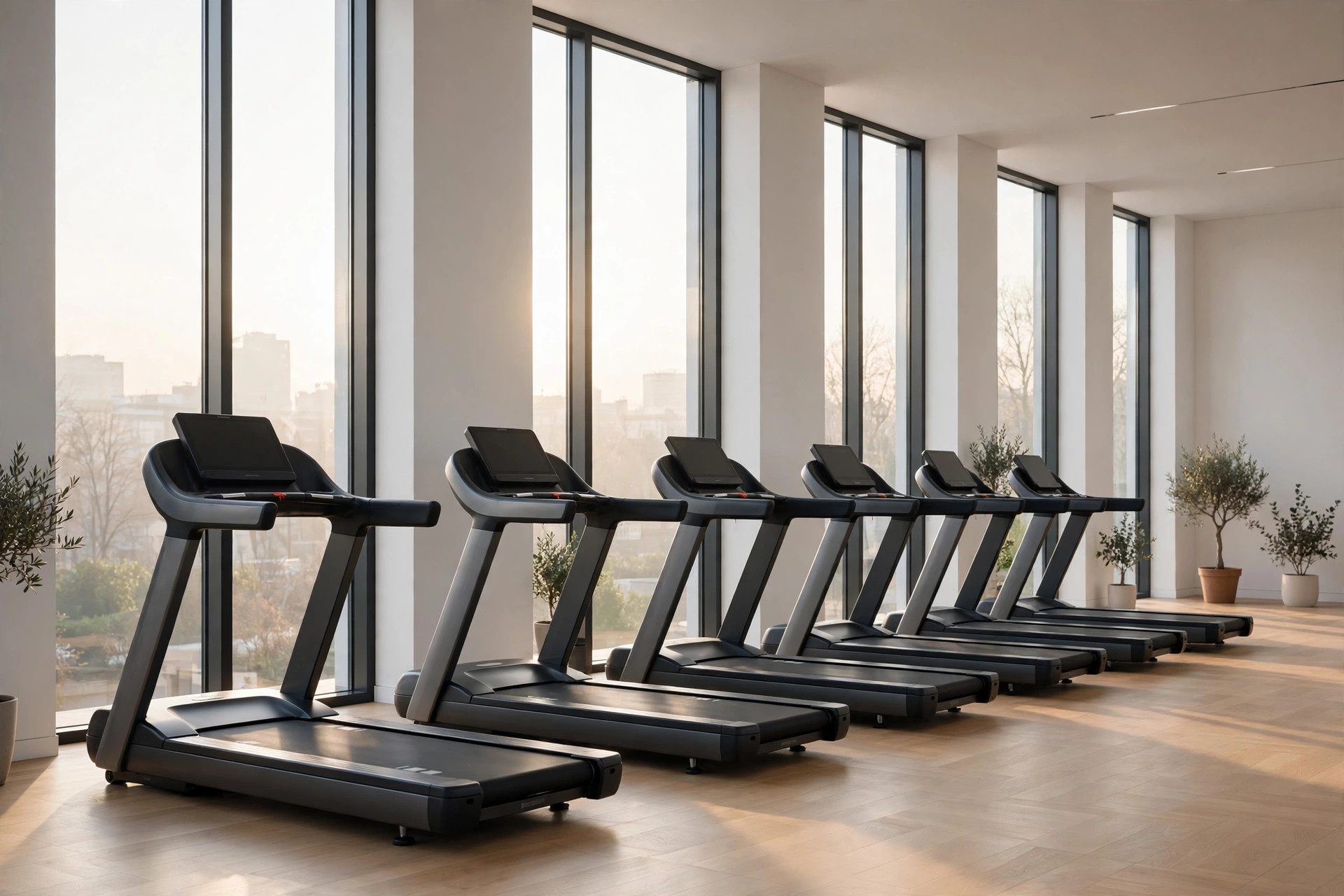 Row of treadmills in a sunlit gym with tall windows