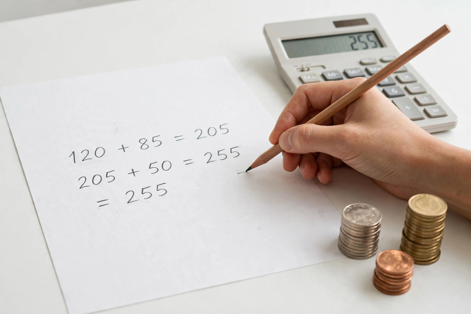A hand writing billing calculations beside a calculator and stacked coins