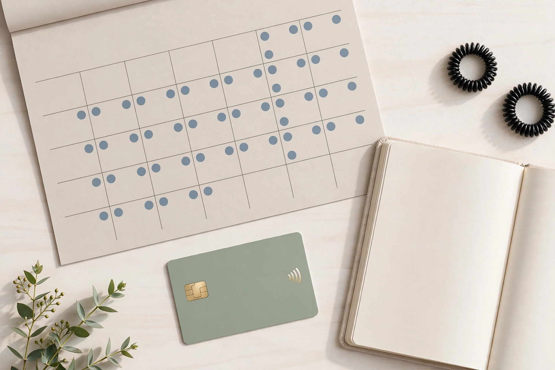 A calendar and a credit card on a desk beside a notebook