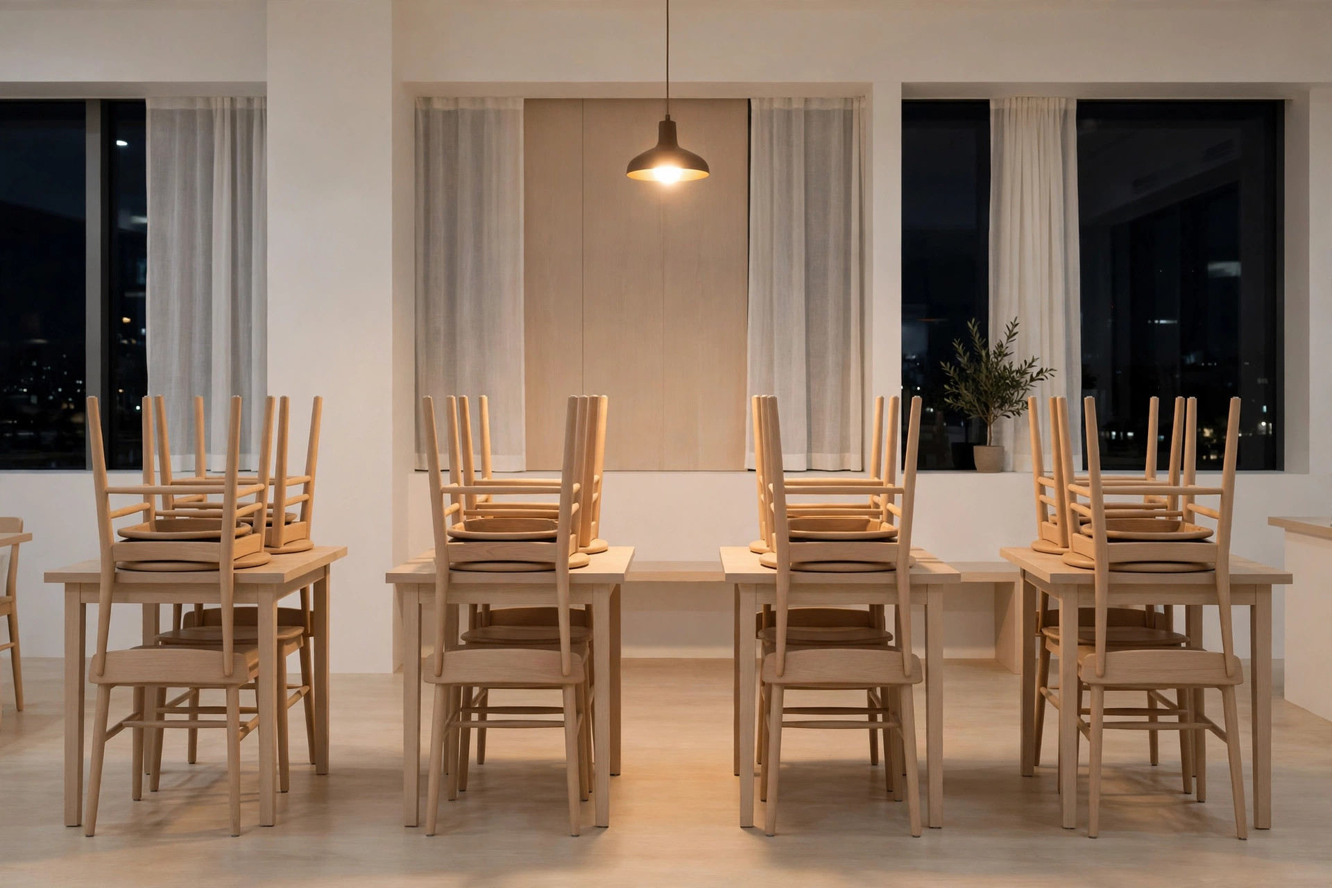 Empty restaurant dining room at night with chairs stacked on tables
