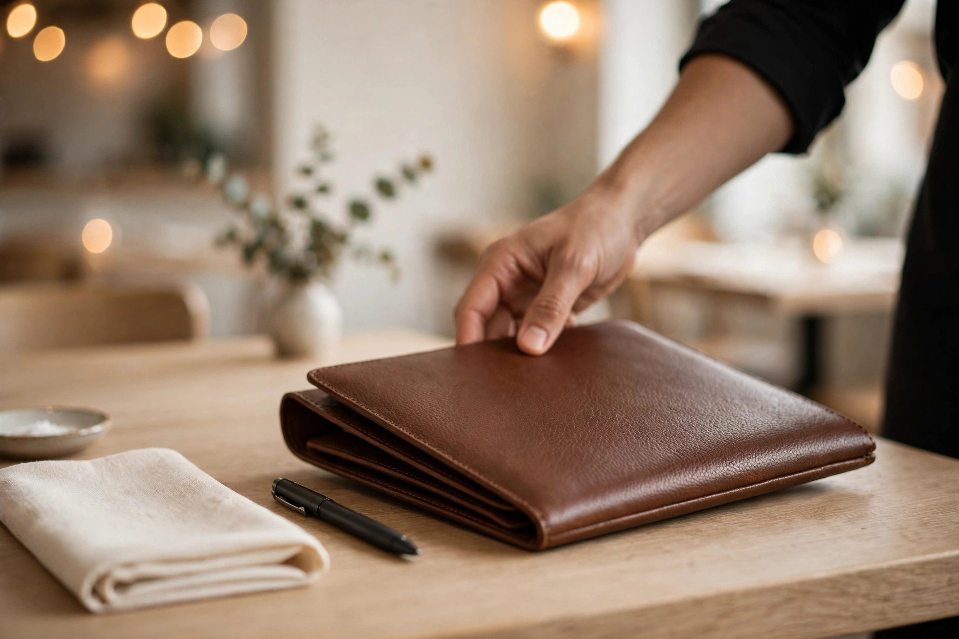 Server's hand placing a leather bill folder on a restaurant table