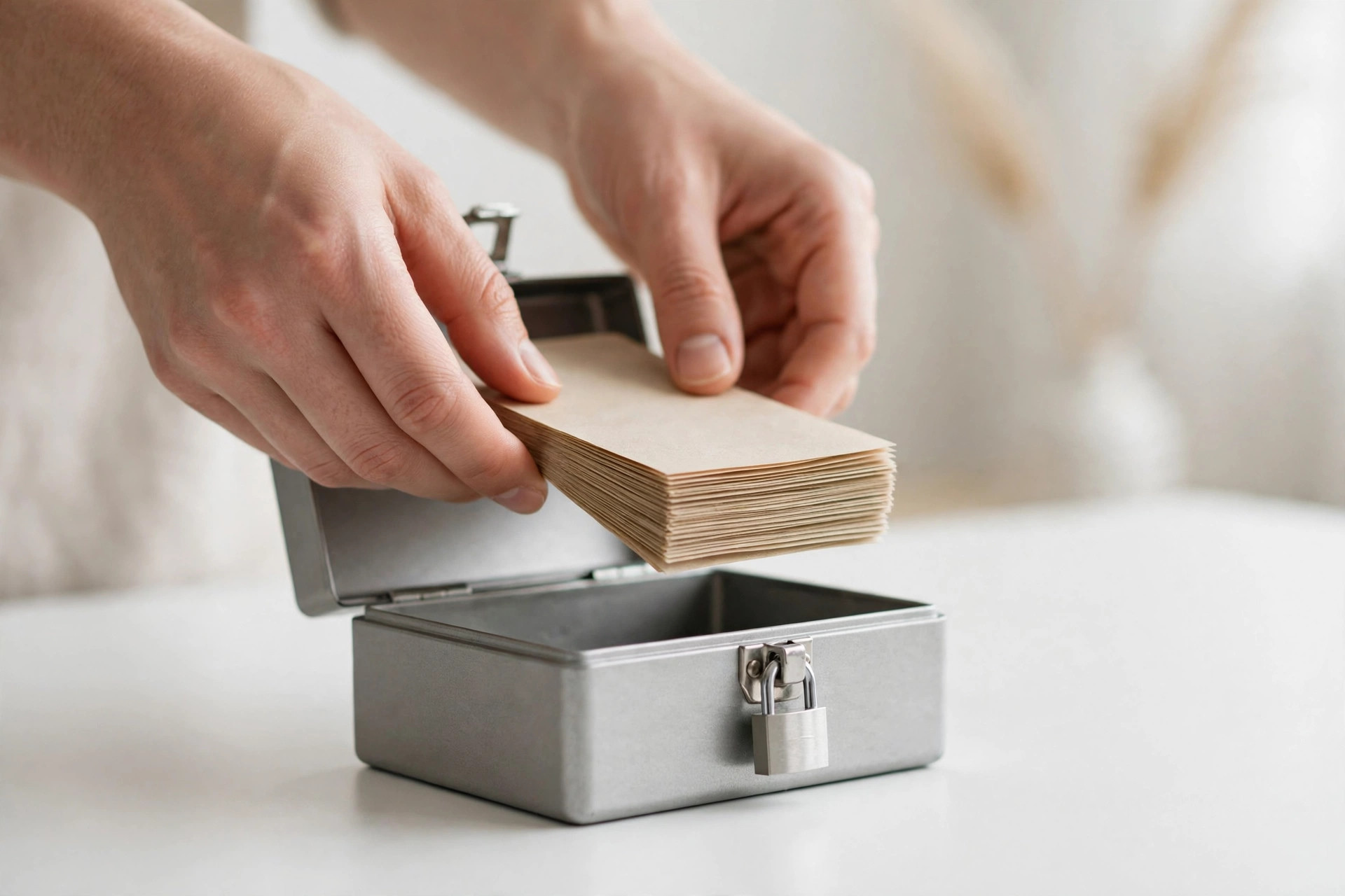 Hands locking a cash box