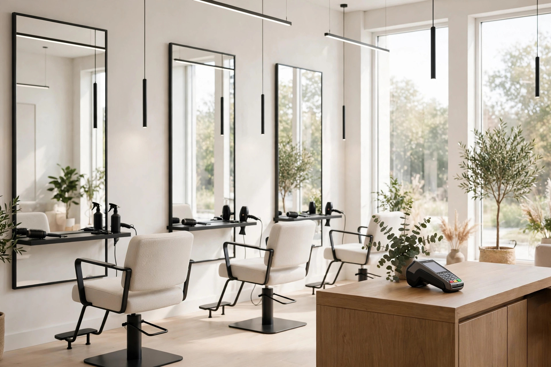 Bright modern hair salon with styling chairs, mirrors and a payment terminal on the counter