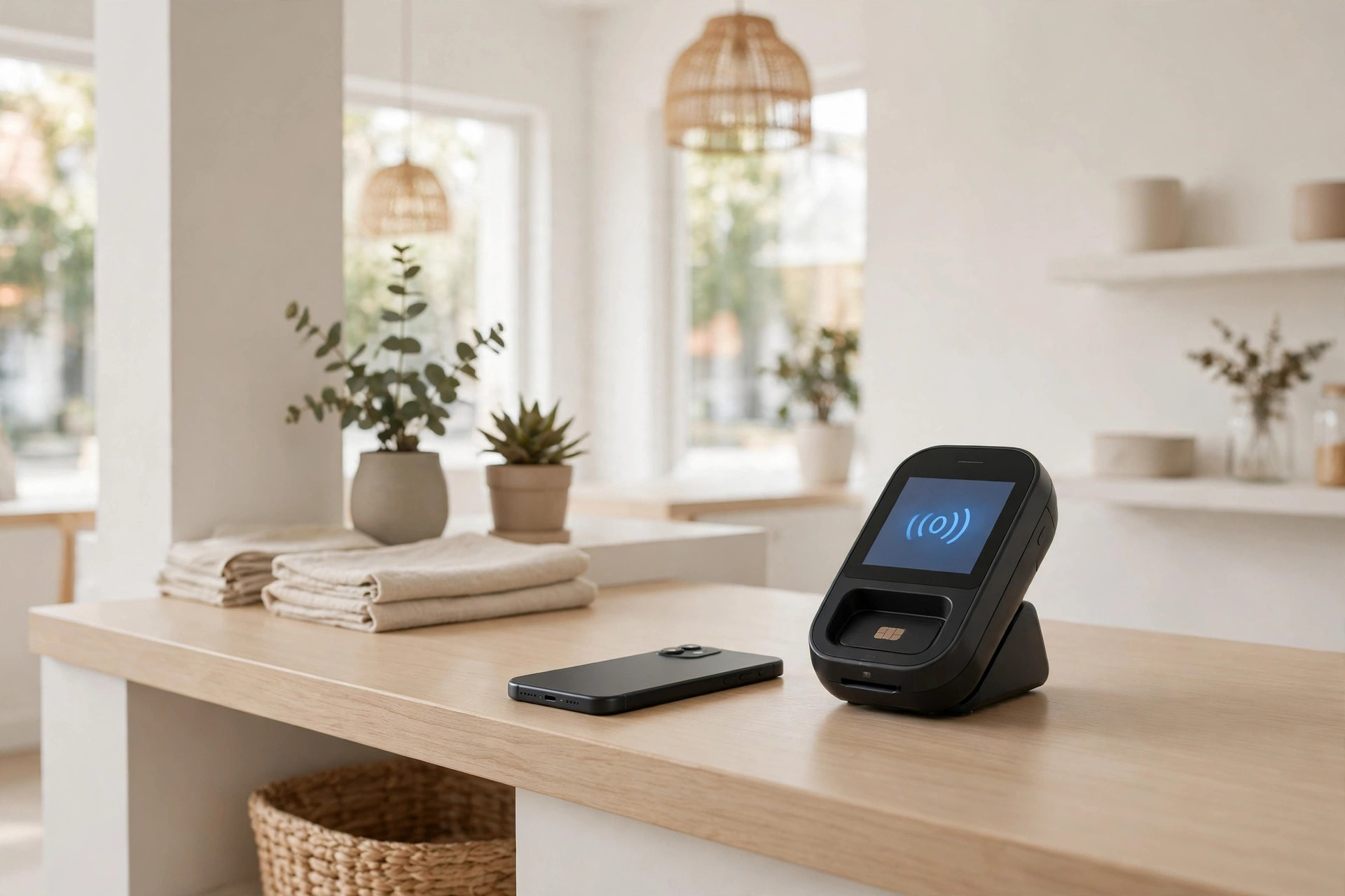 A payment terminal and smartphone side by side on a bright retail checkout counter.