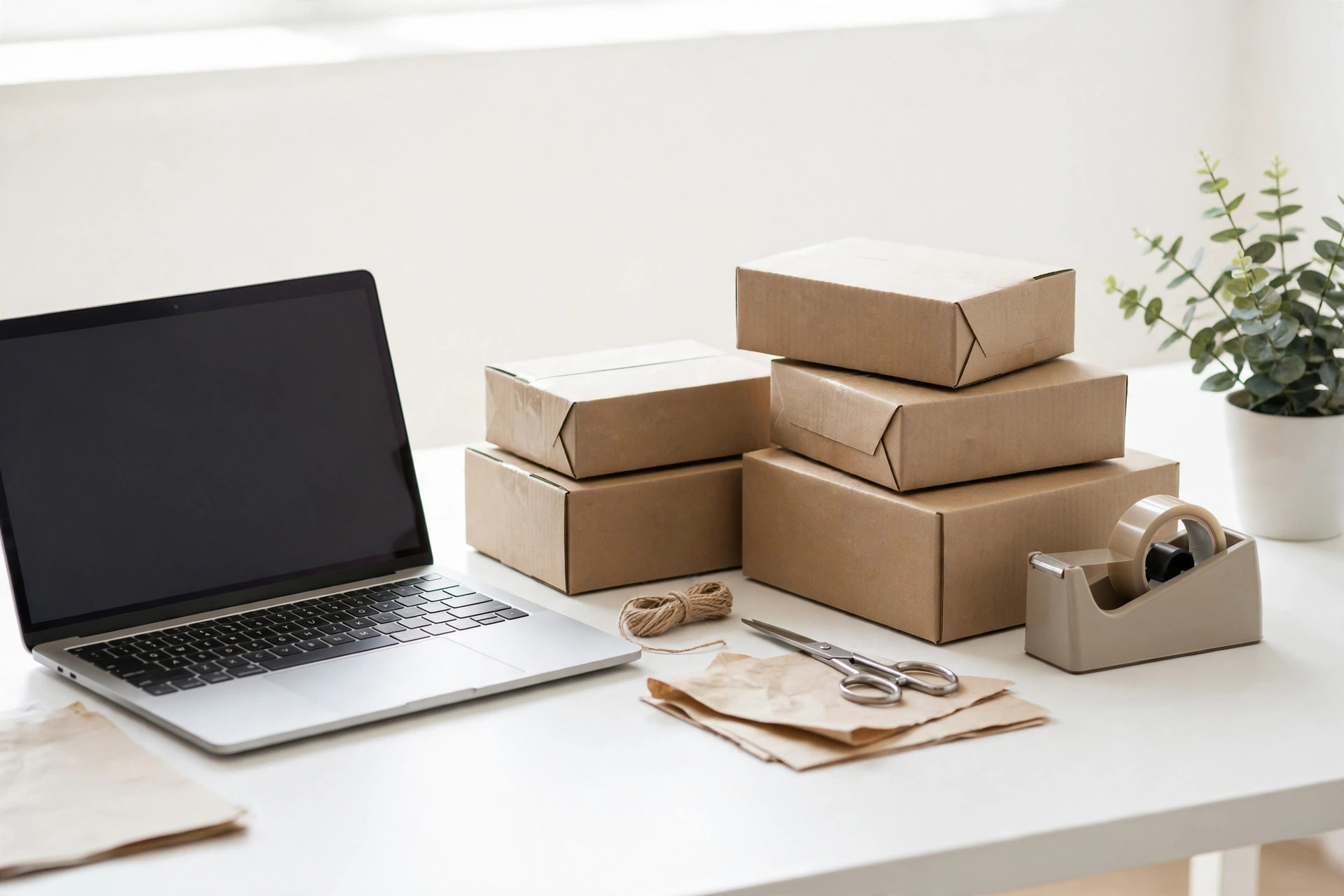 E-commerce packing station with stacked parcels, tape and scissors beside a laptop on a bright white desk.