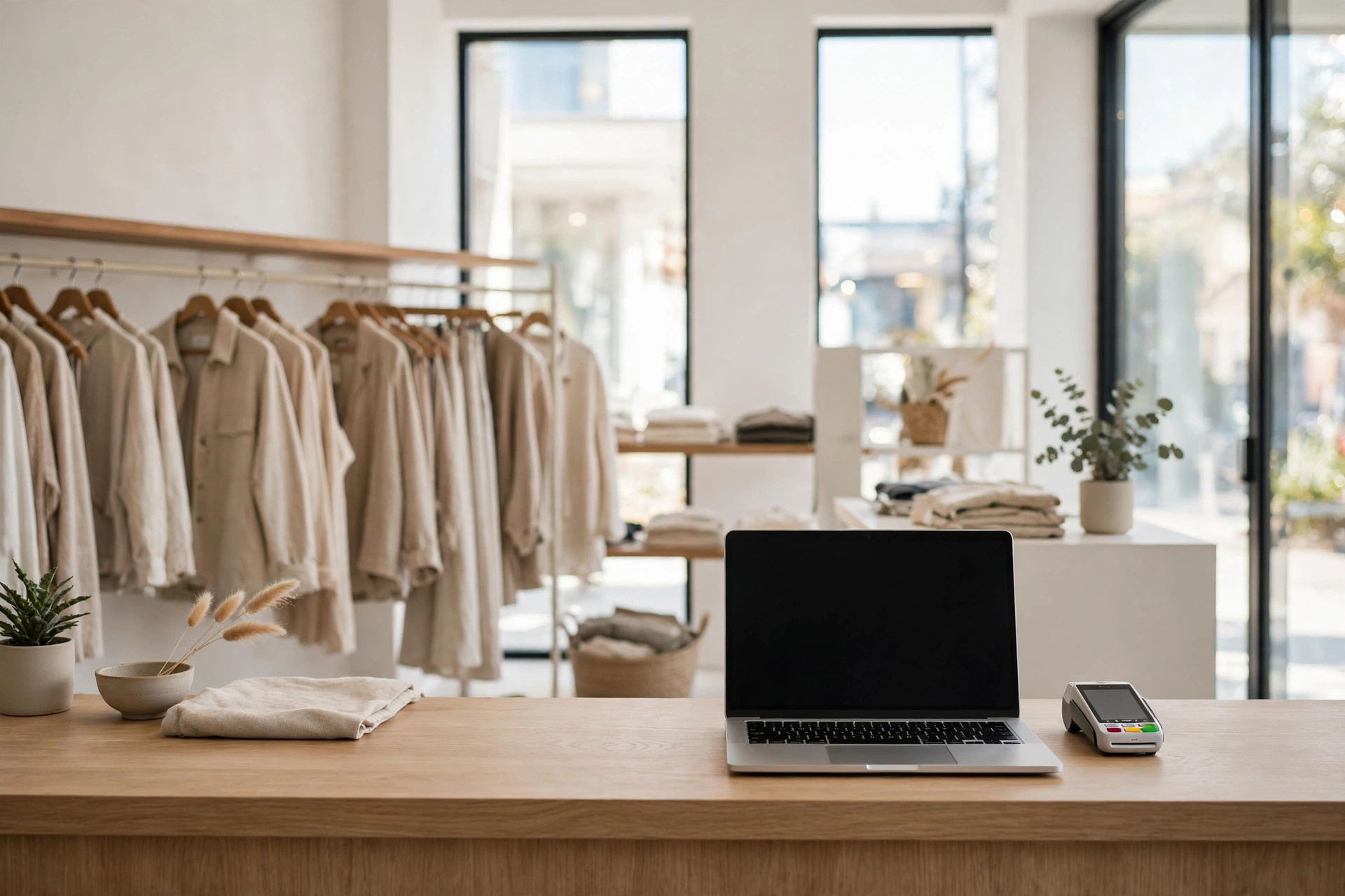 Boutique store counter with laptop and card terminal