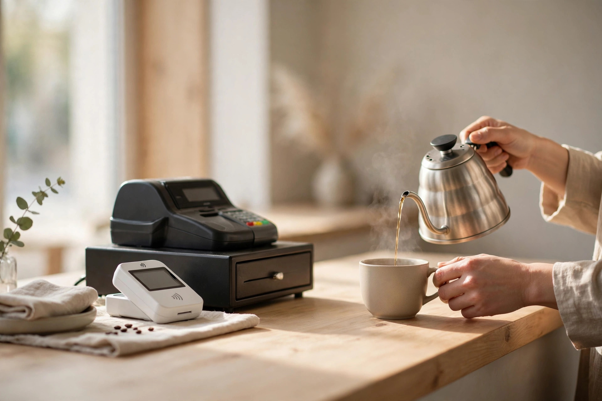 Barista pouring coffee at a cafe counter with a small card reader and cash register beside it