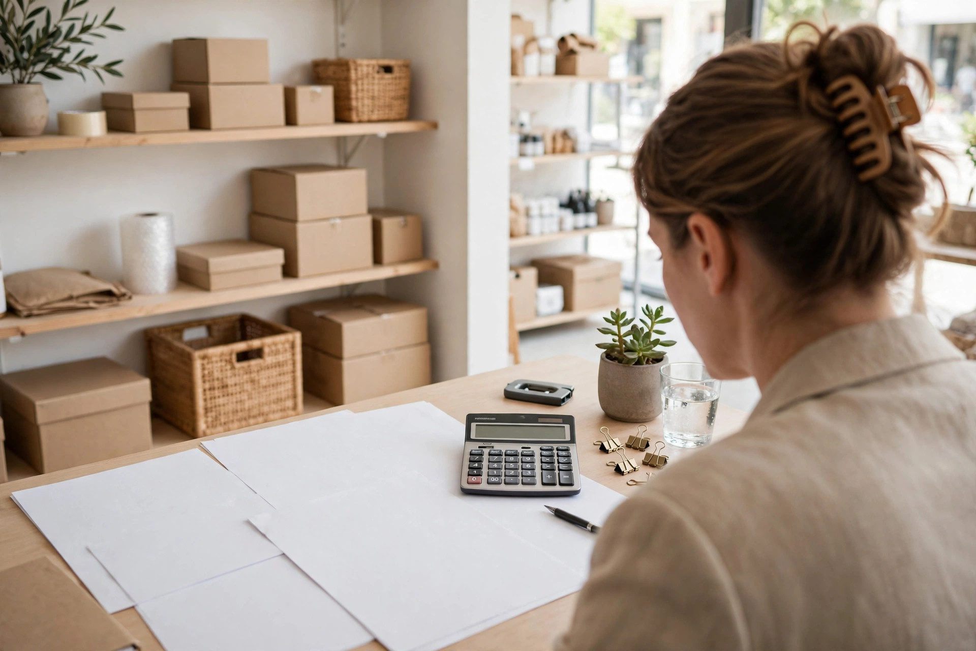 Small business owner reviewing paperwork with a calculator