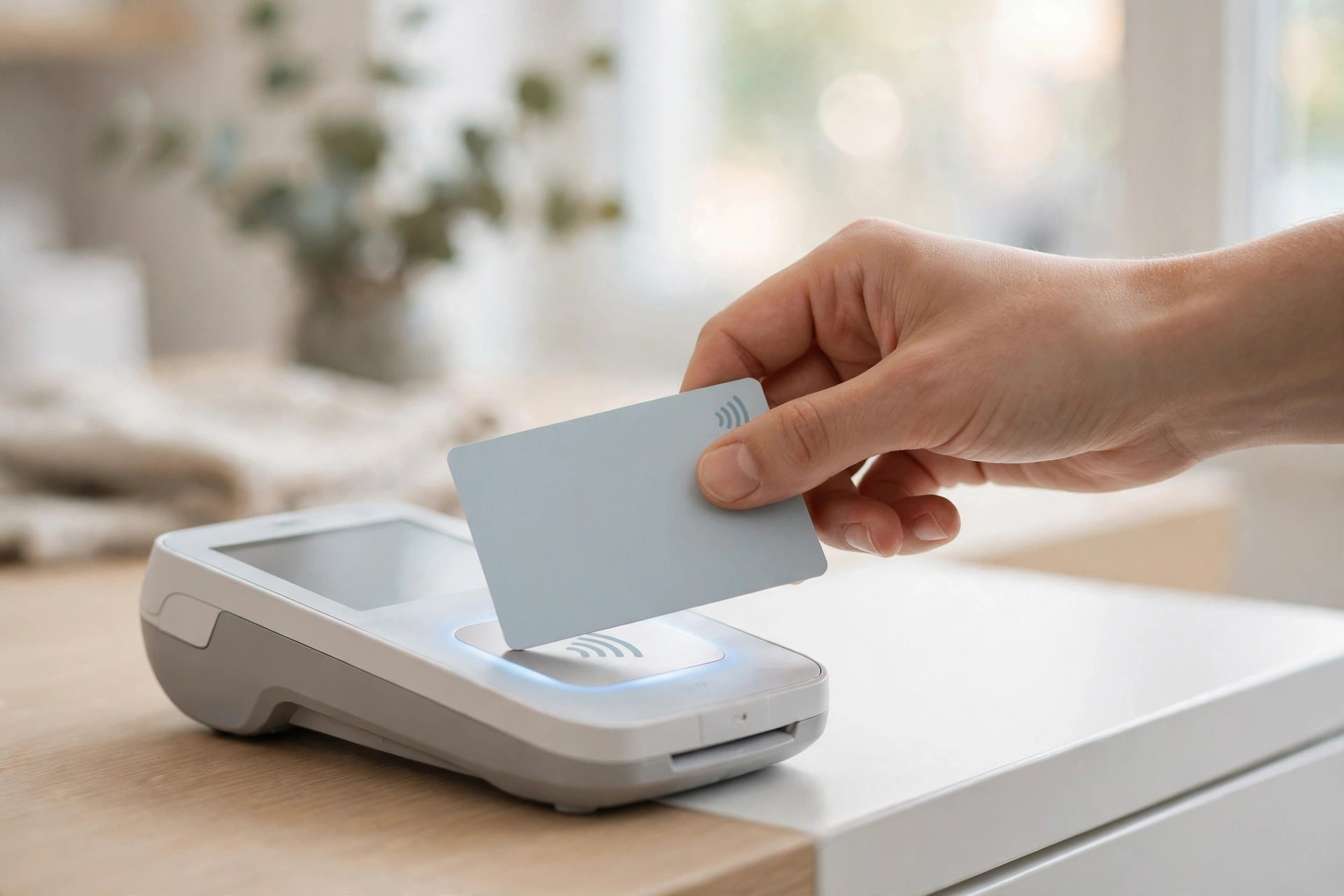 Customer tapping a contactless card on a payment terminal at a retail checkout
