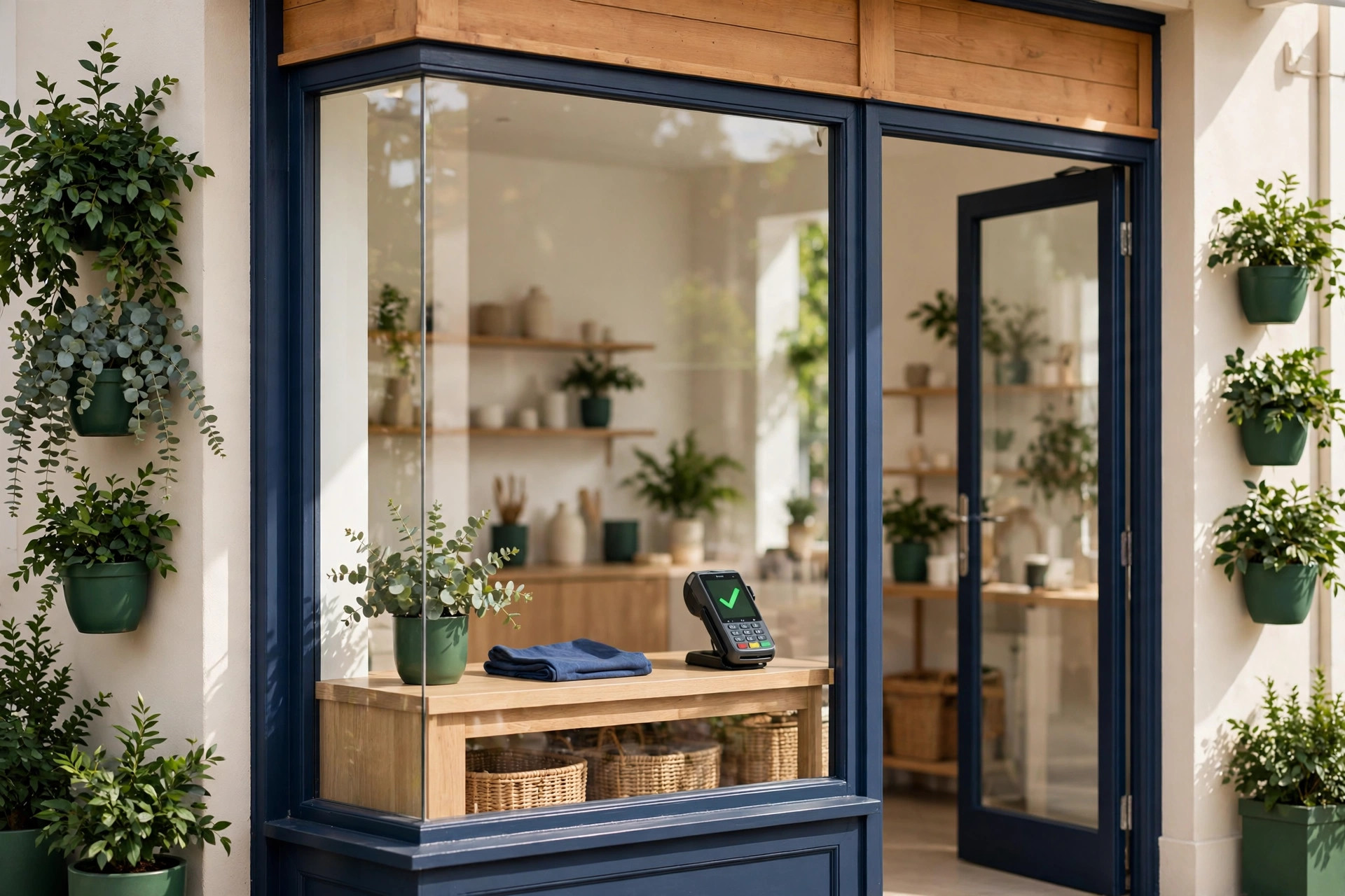 Small retail storefront with a card terminal visible on the counter, a successful deal done