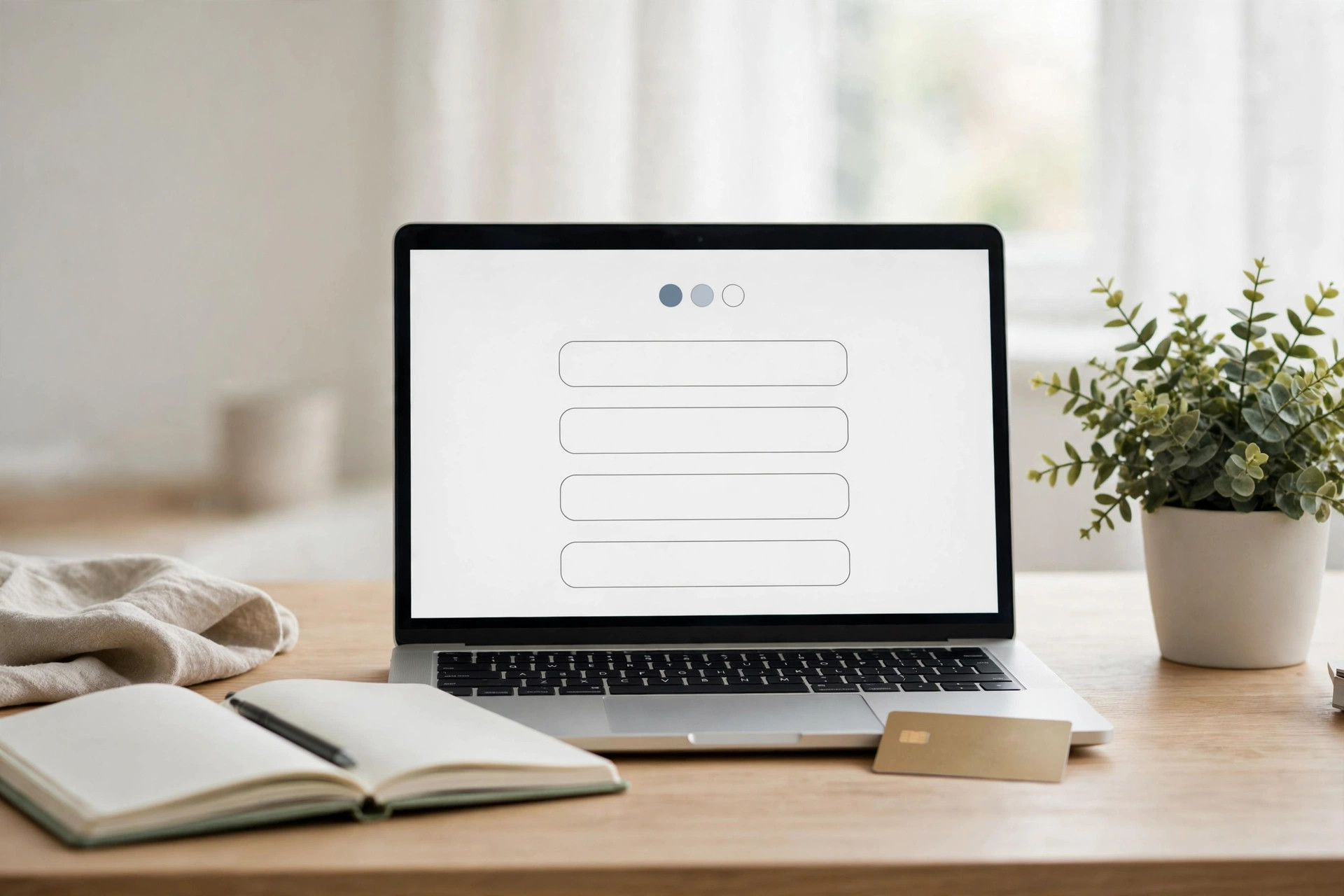 Laptop with a blank online checkout form, a credit card and notebook on a bright desk
