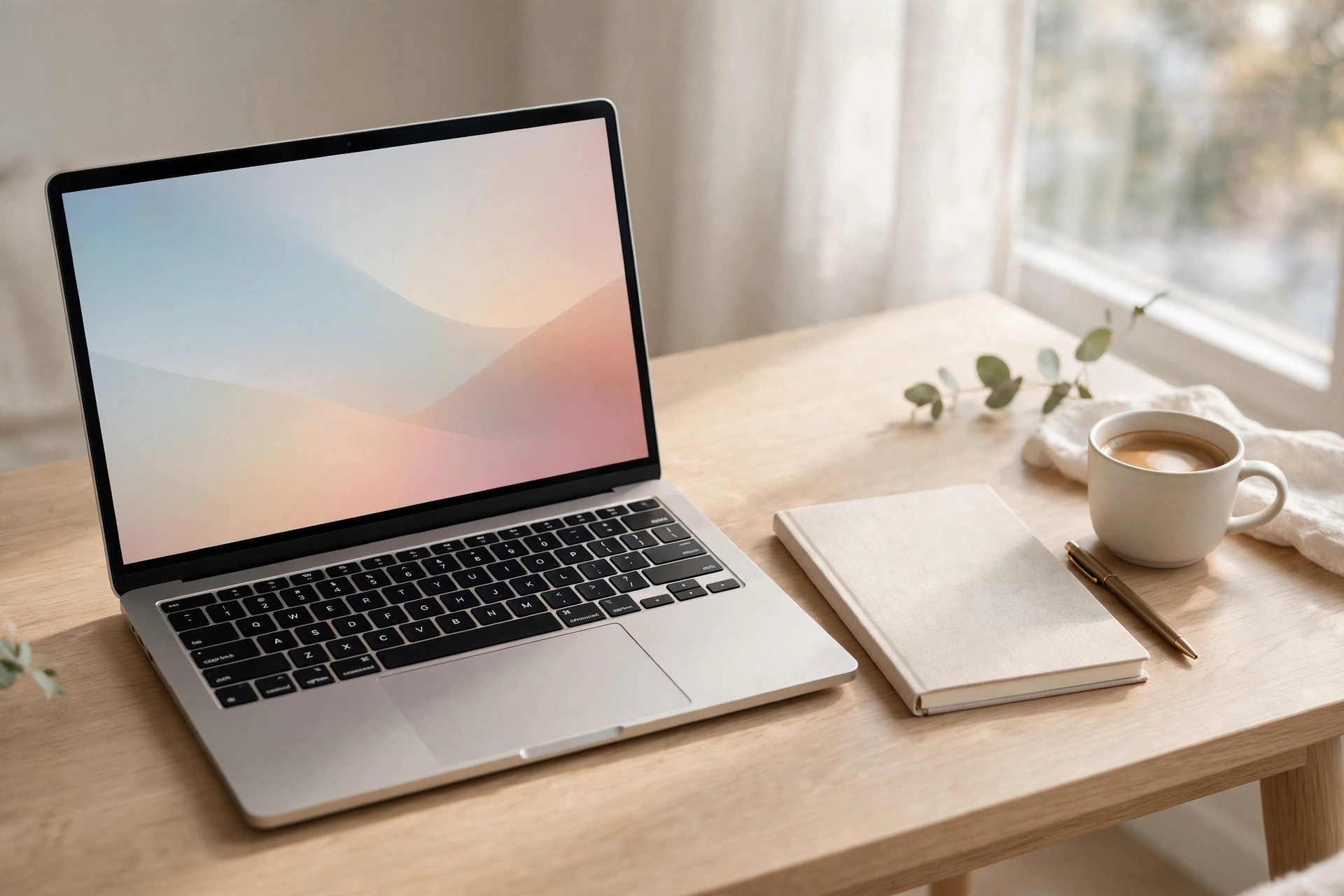 Laptop on a bright home office desk beside a notebook and coffee cup