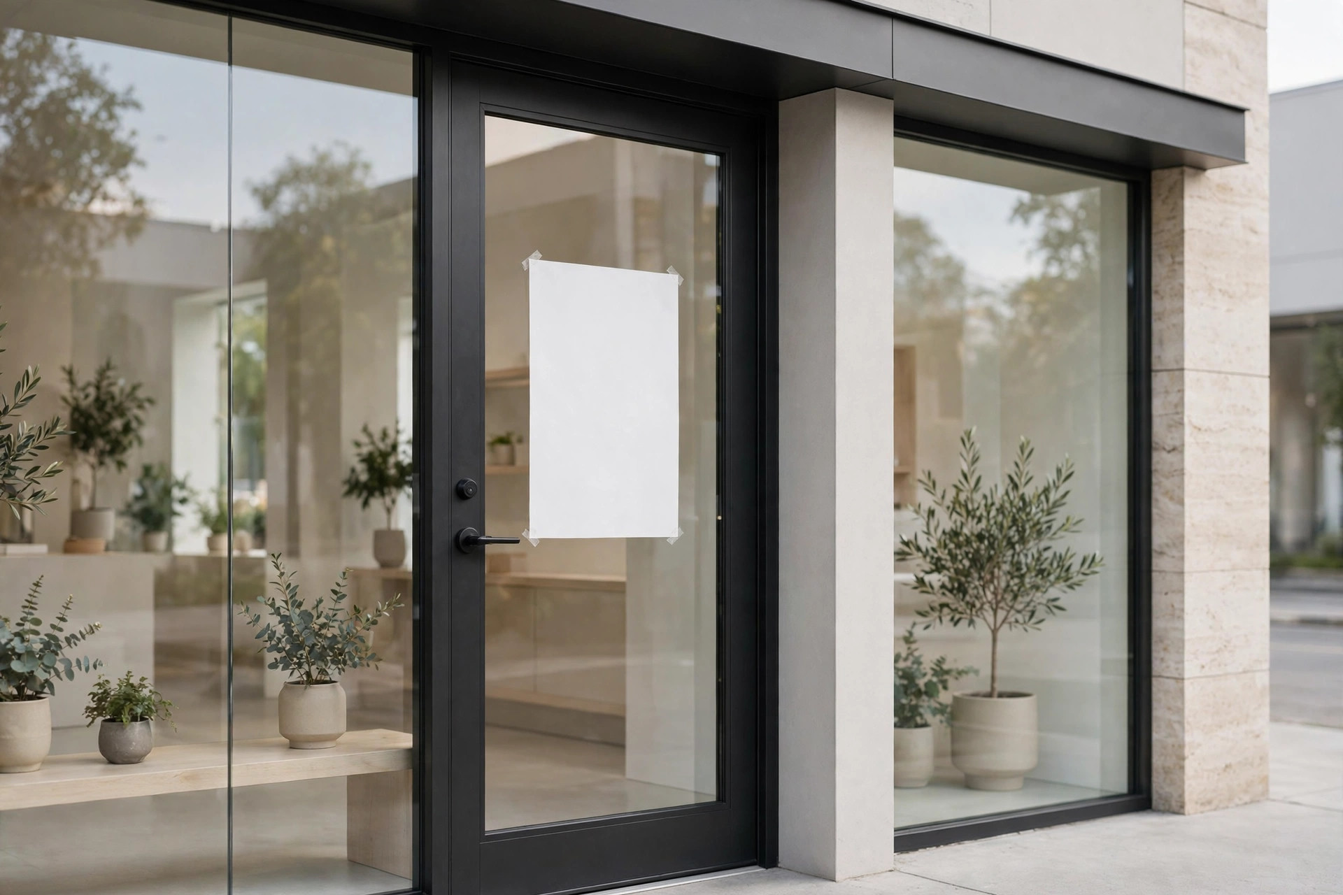 A blank white paper notice taped to the inside of a storefront glass door