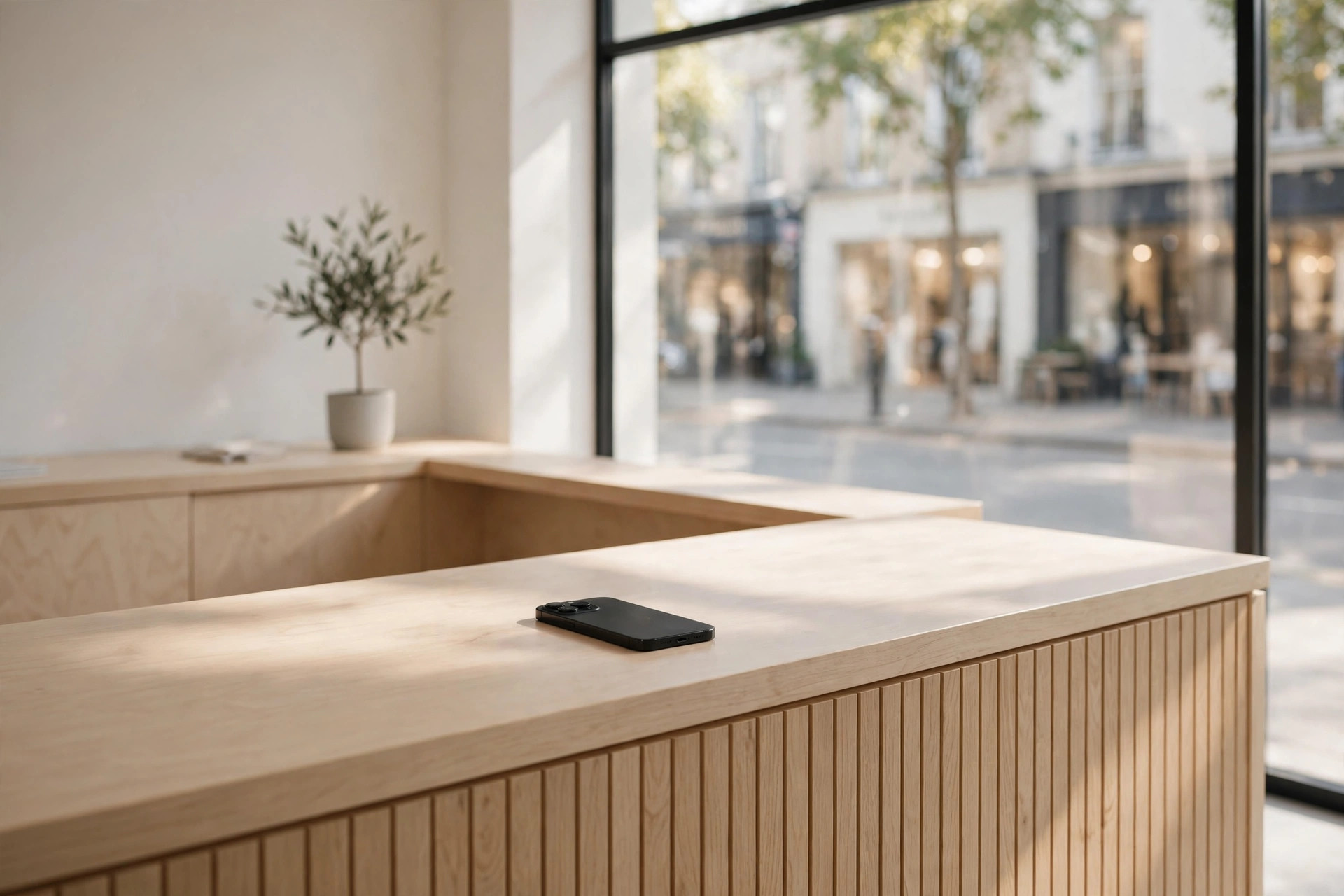 Smartphone alone on an empty retail counter in morning light