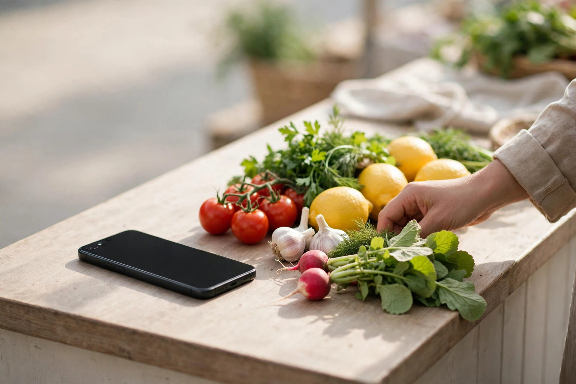 Smartphone on a market stall counter beside fresh produce