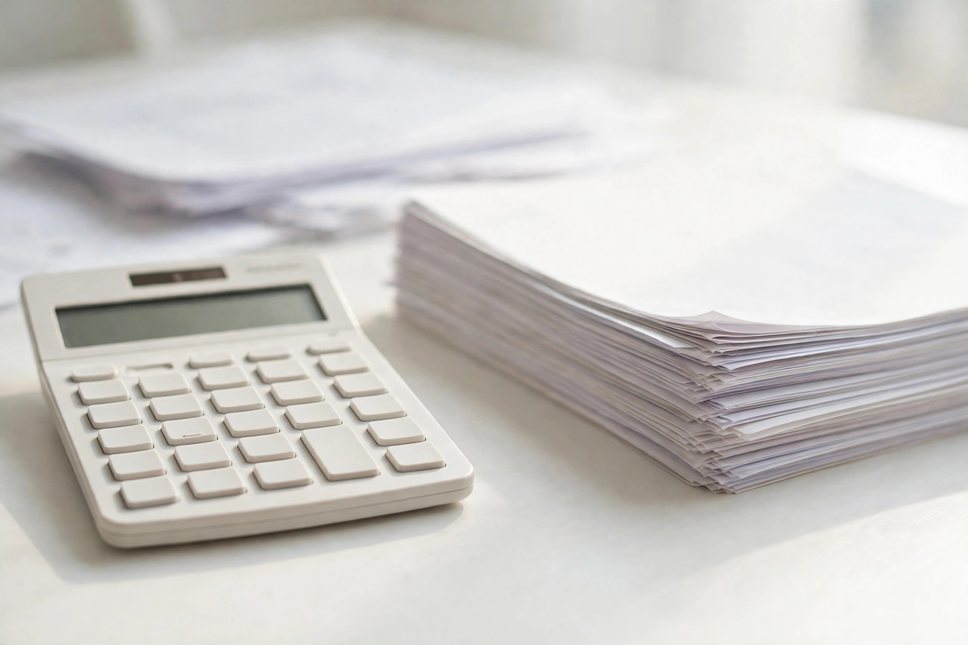 A calculator beside a tall stack of financial paperwork on a bright white desk.