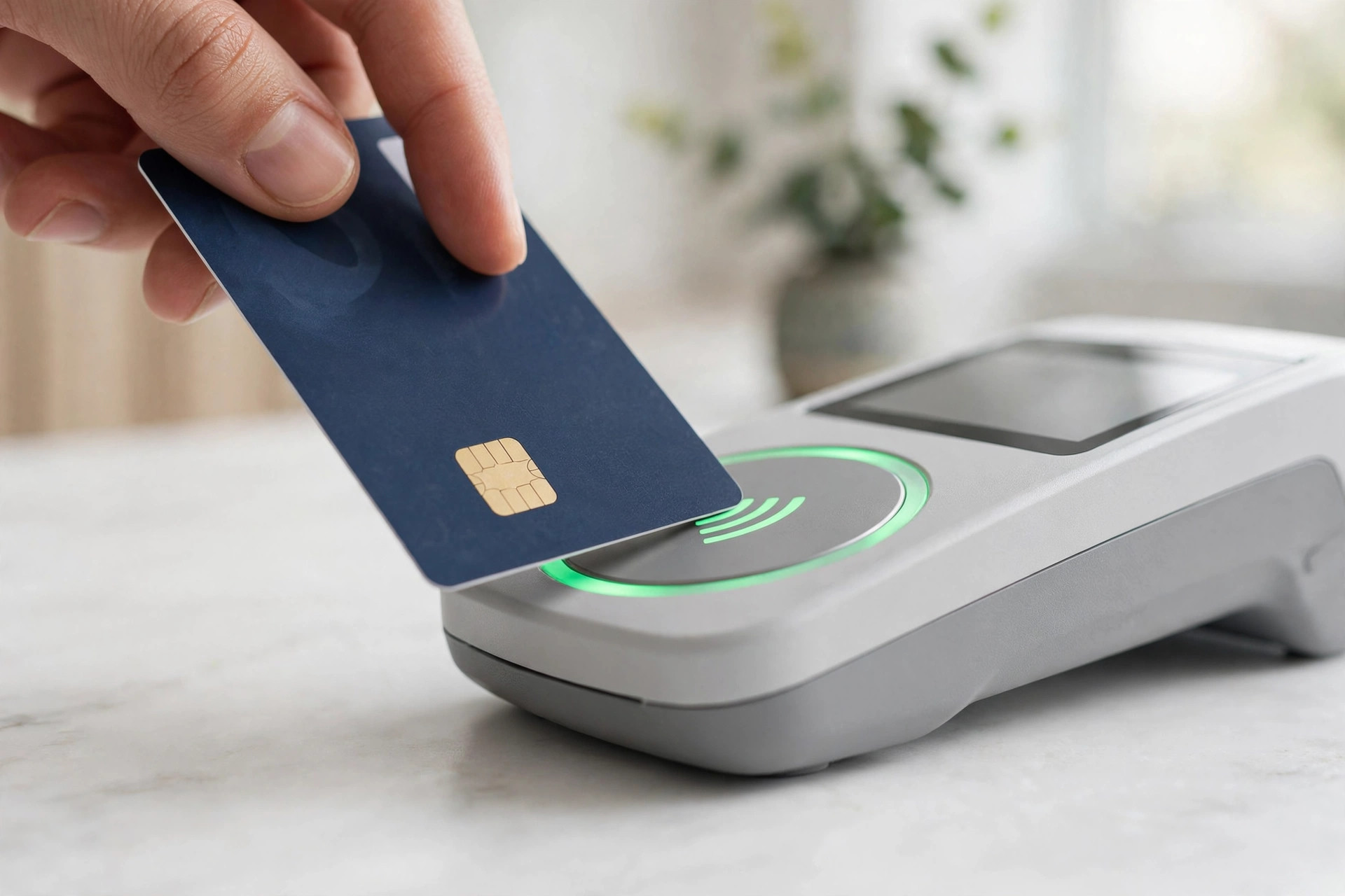 A hand tapping a navy bank card on a glowing contactless payment terminal.