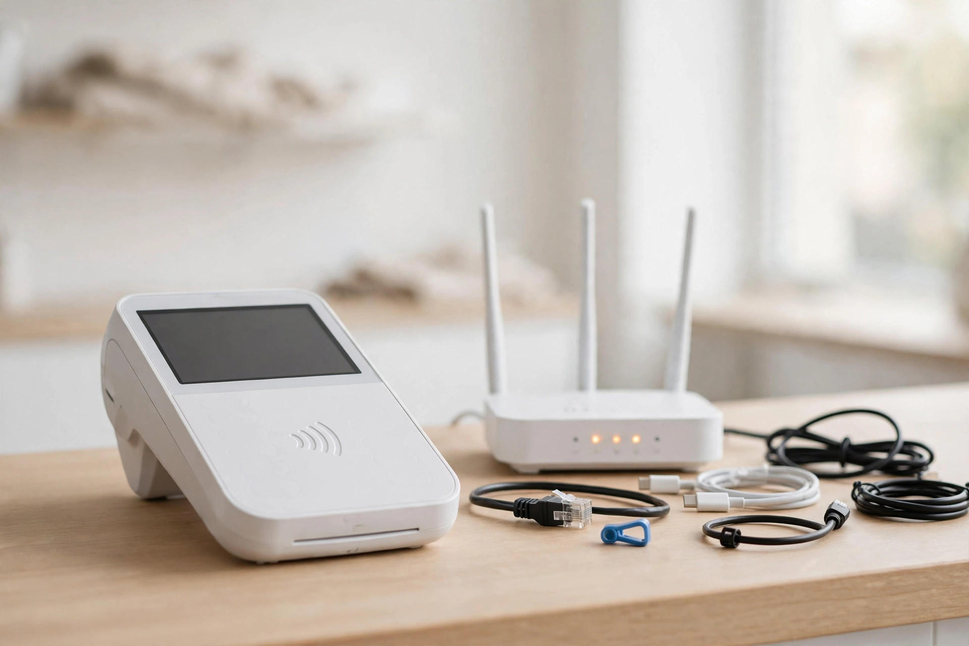 A payment terminal beside a wi-fi router with cables on a counter