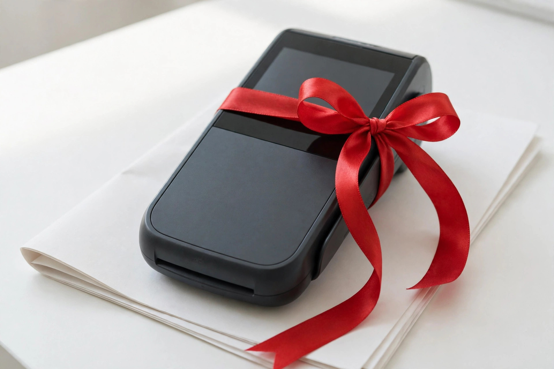 A card payment terminal wrapped with a red ribbon bow on a white desk
