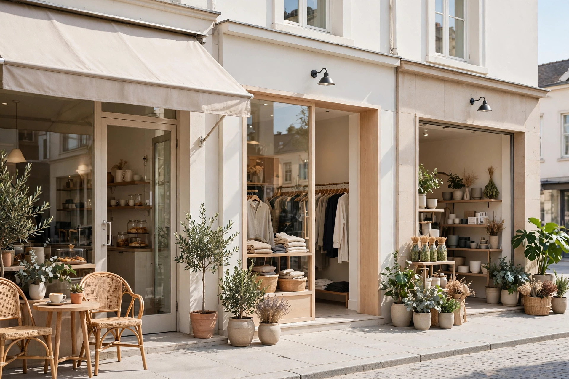 A row of small business storefronts on a bright street