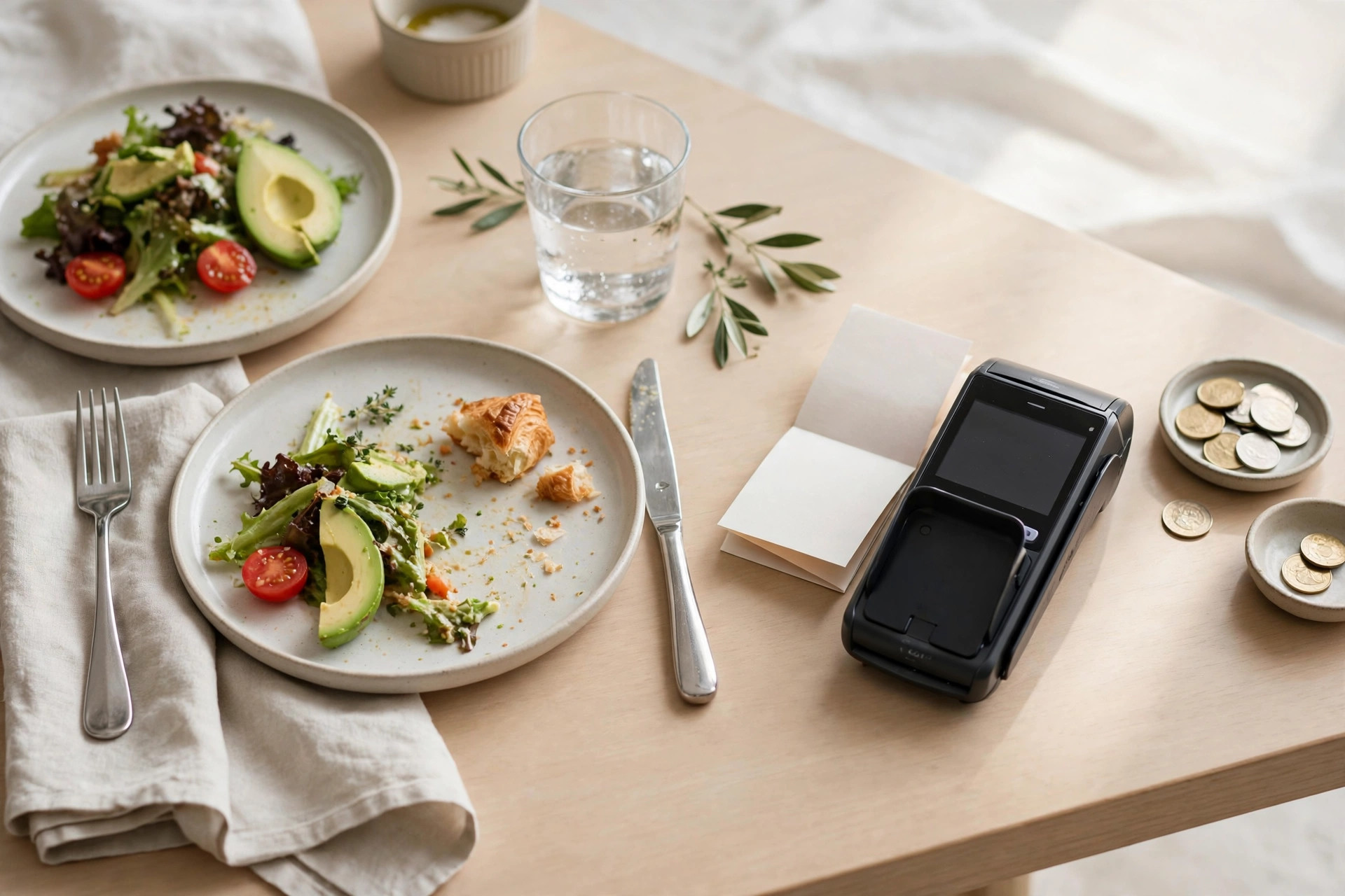 A restaurant table with plates, a payment terminal, and a bill