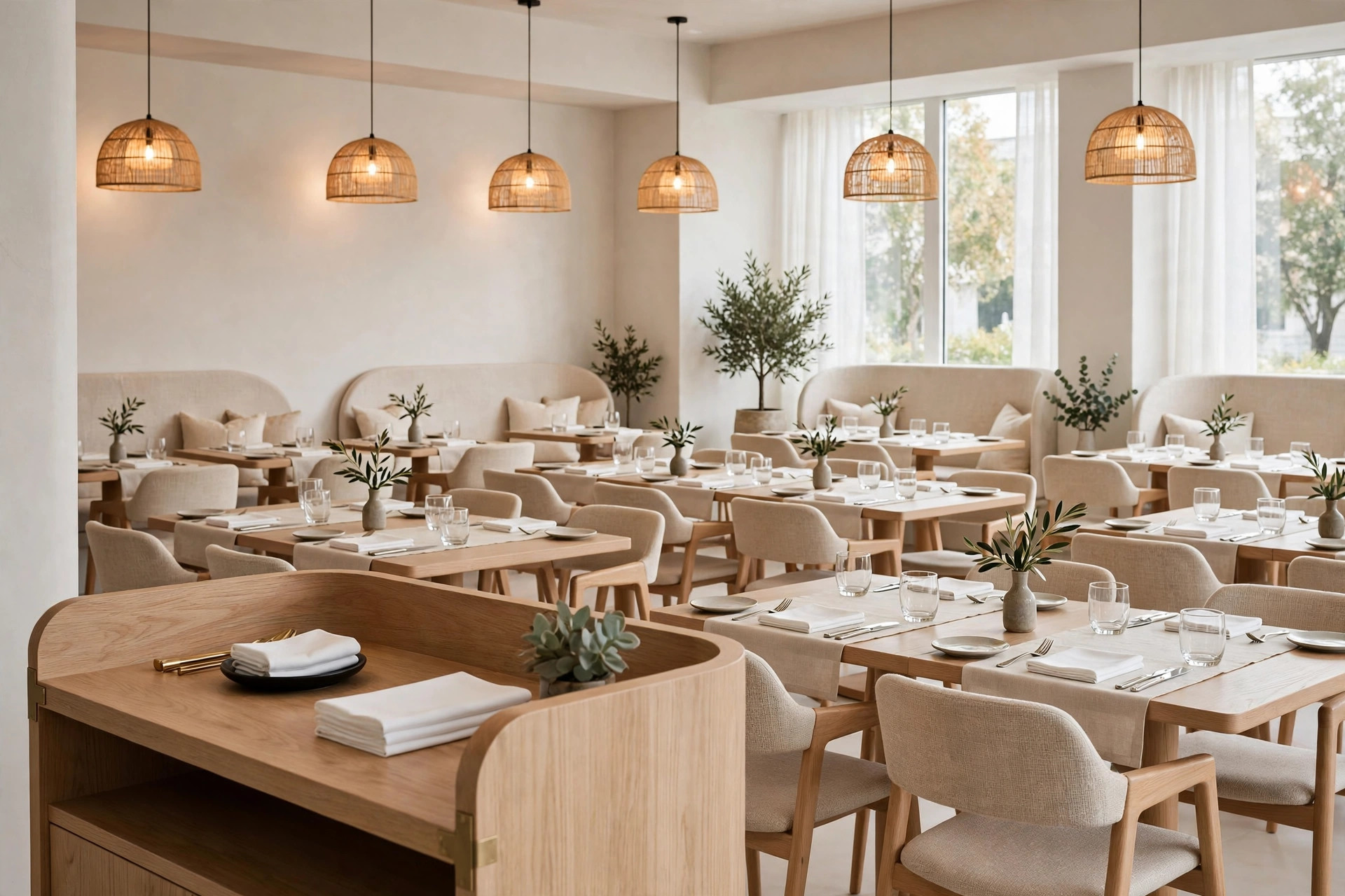 A modern restaurant dining room with set tables and warm pendant lighting, empty