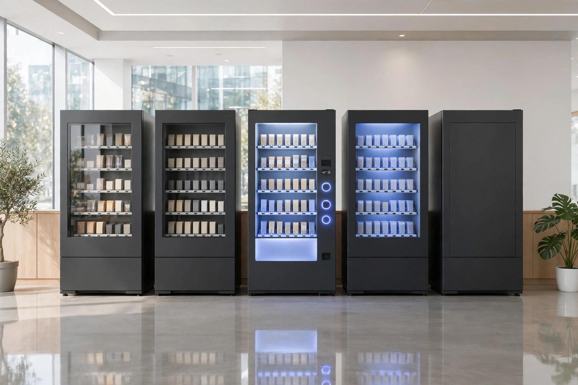 Row of modern vending machines with glowing selection panels in a bright lobby