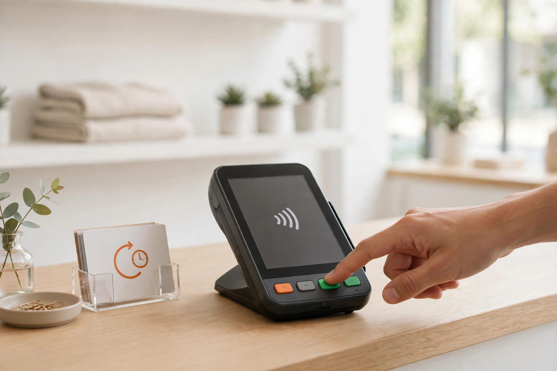 A hand pressing a button on a payment terminal at a shop counter