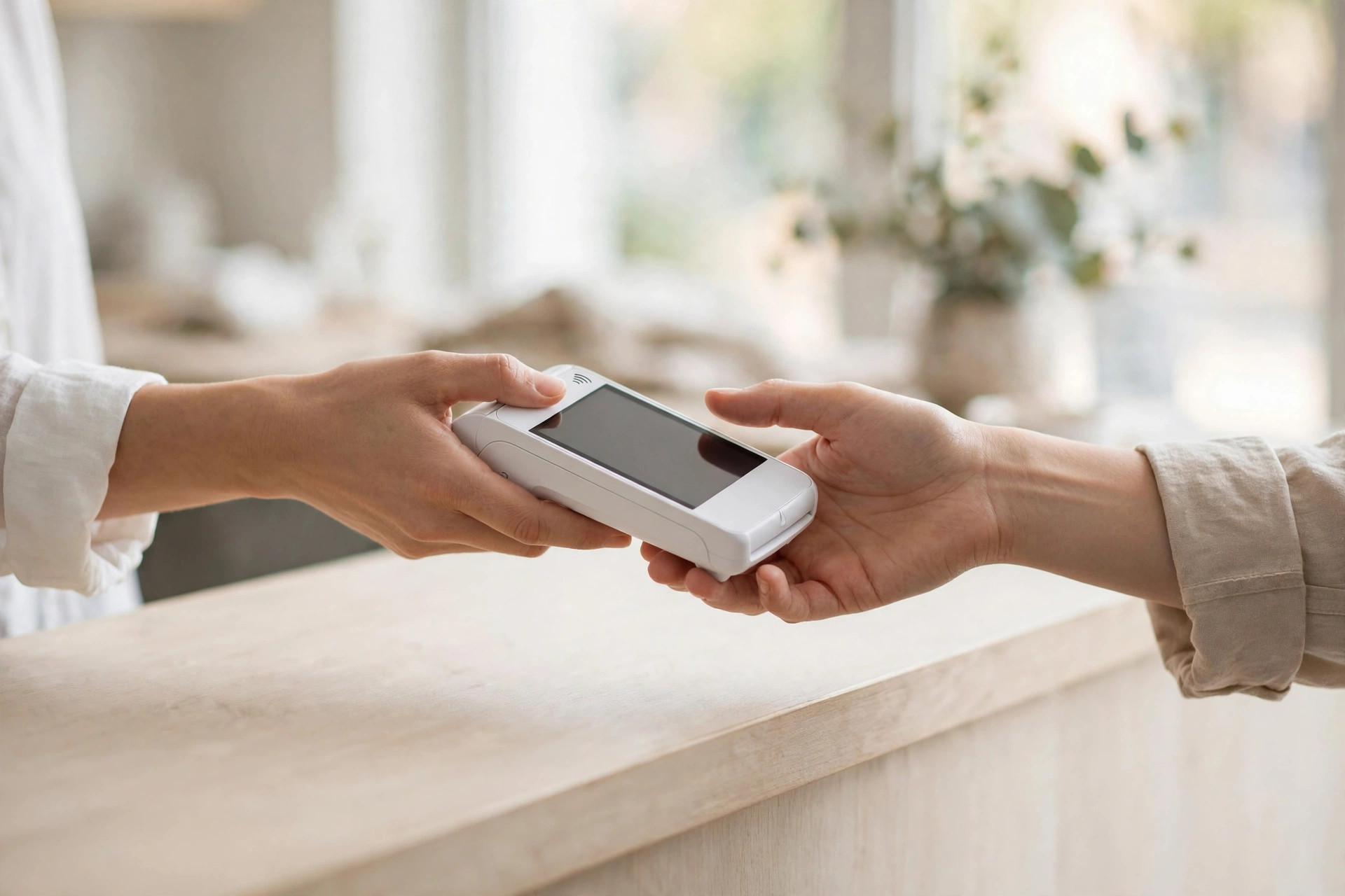Two hands passing a white payment terminal across a shop counter.